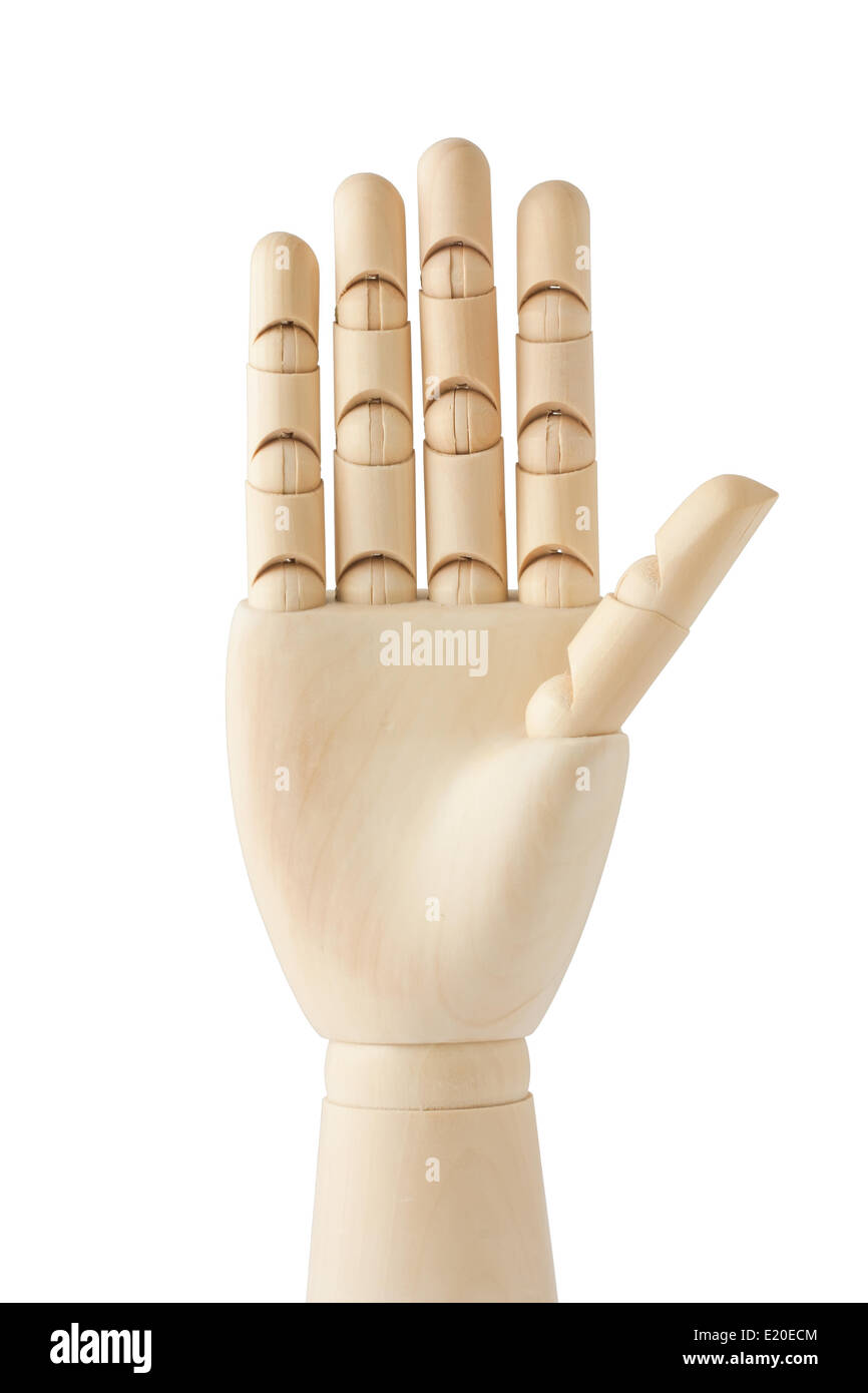 wooden dummy hand with five fingers up Stock Photo Alamy