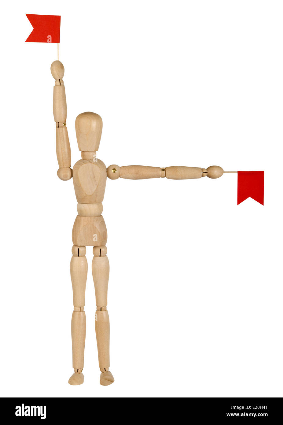 wooden toy man with red flags Stock Photo