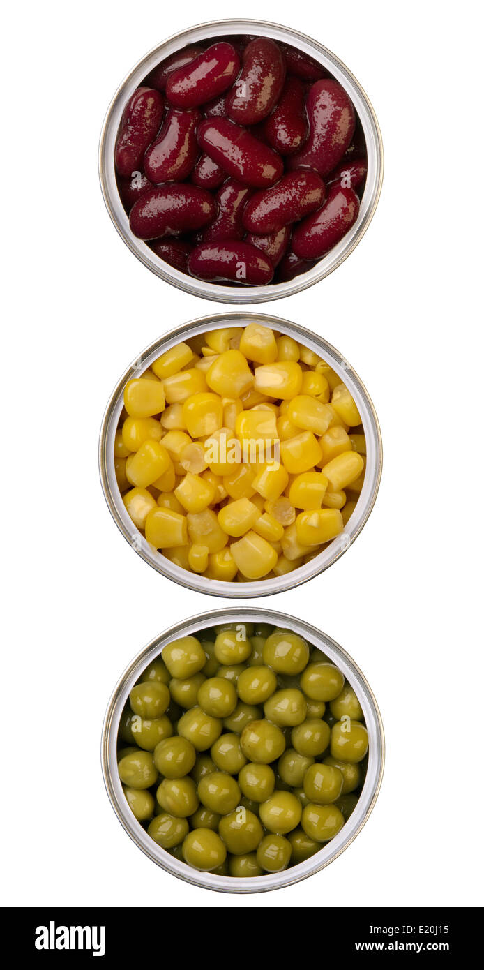canned beans, peas and maize in metal cans Stock Photo Alamy