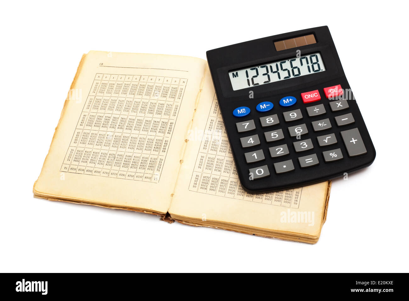 calculator with an old book Stock Photo Alamy