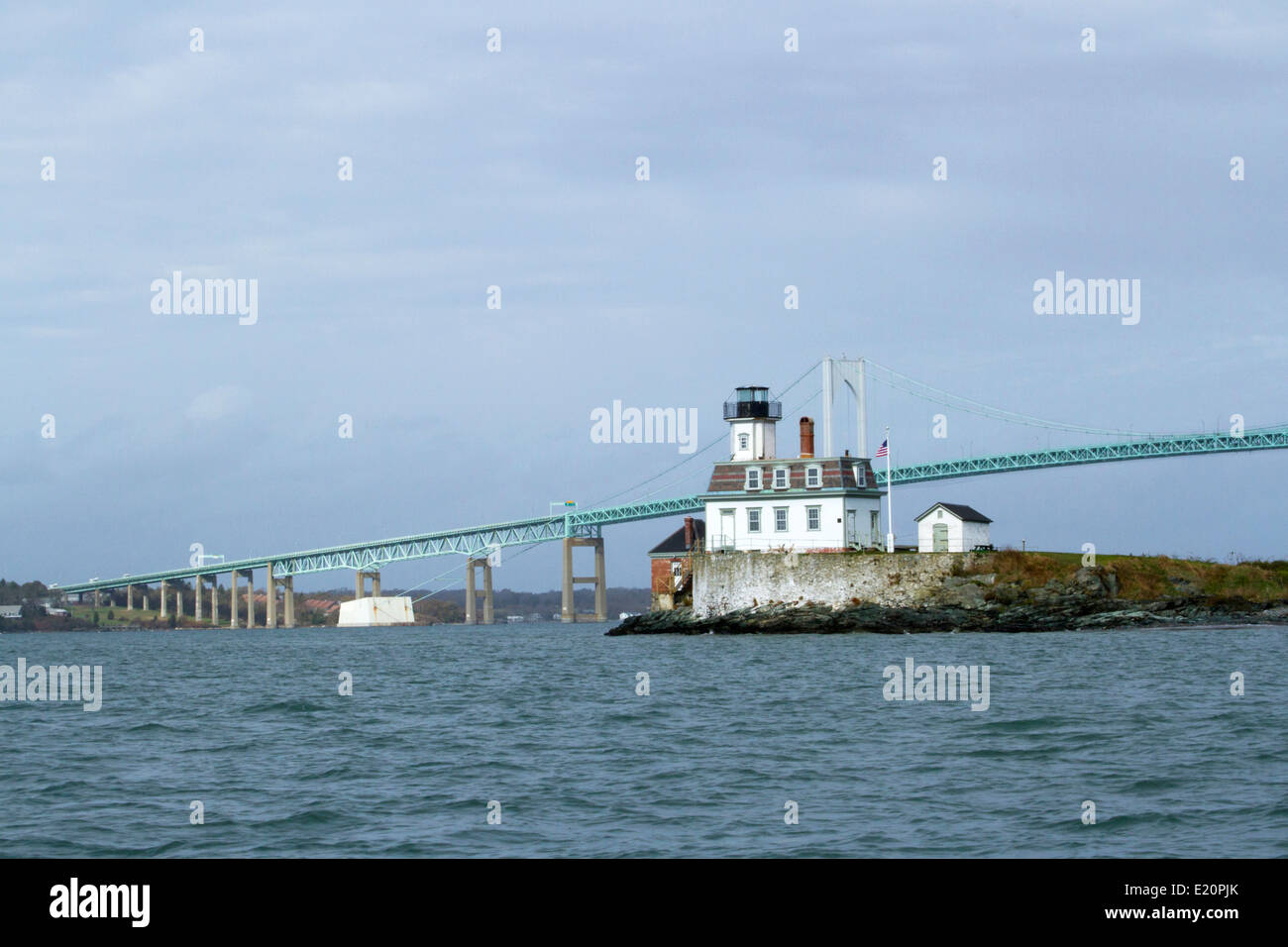 Rose Island Lighthouse and Newport Bridge in Narragansett Bay, Rhode
