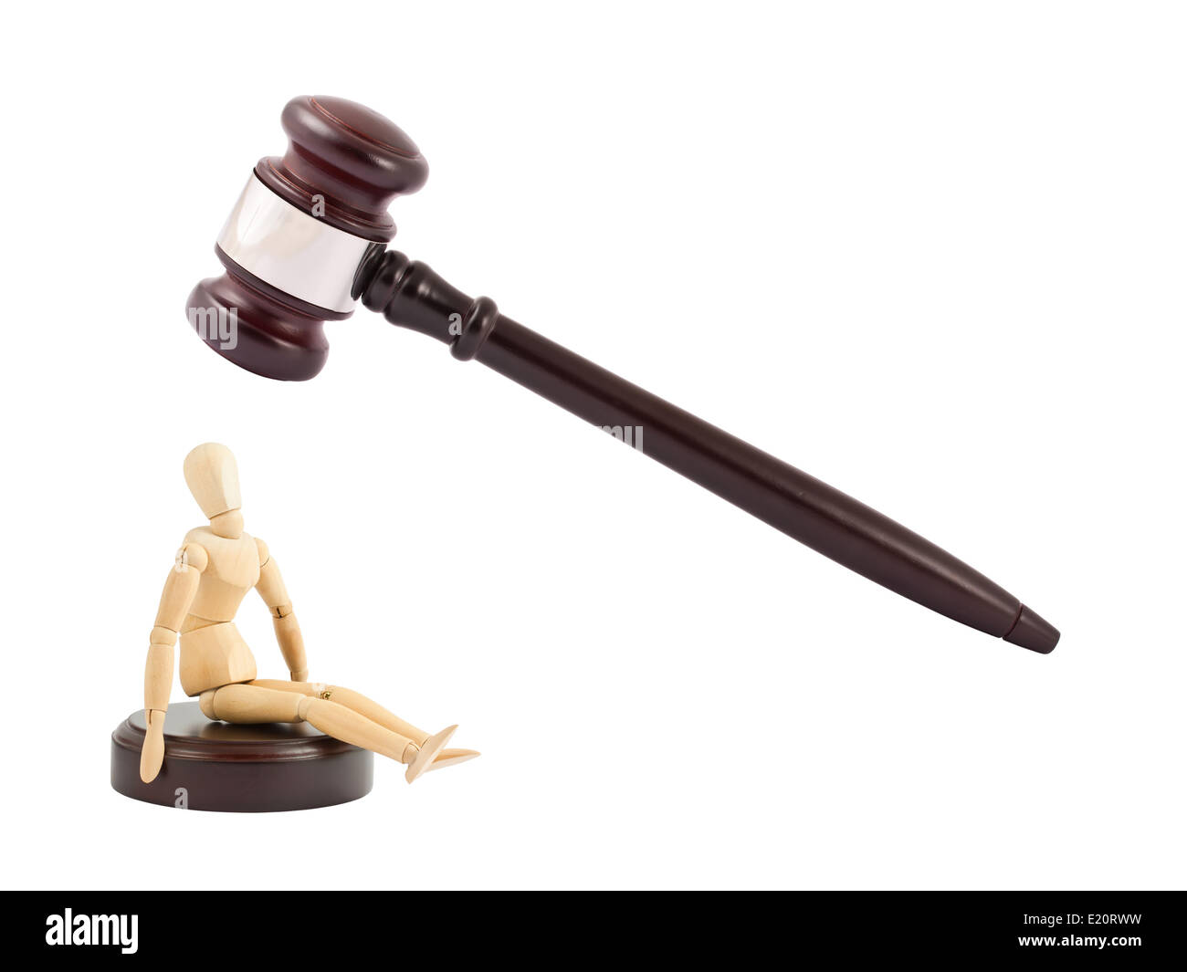 Judges gavel and wooden mannequin Stock Photo
