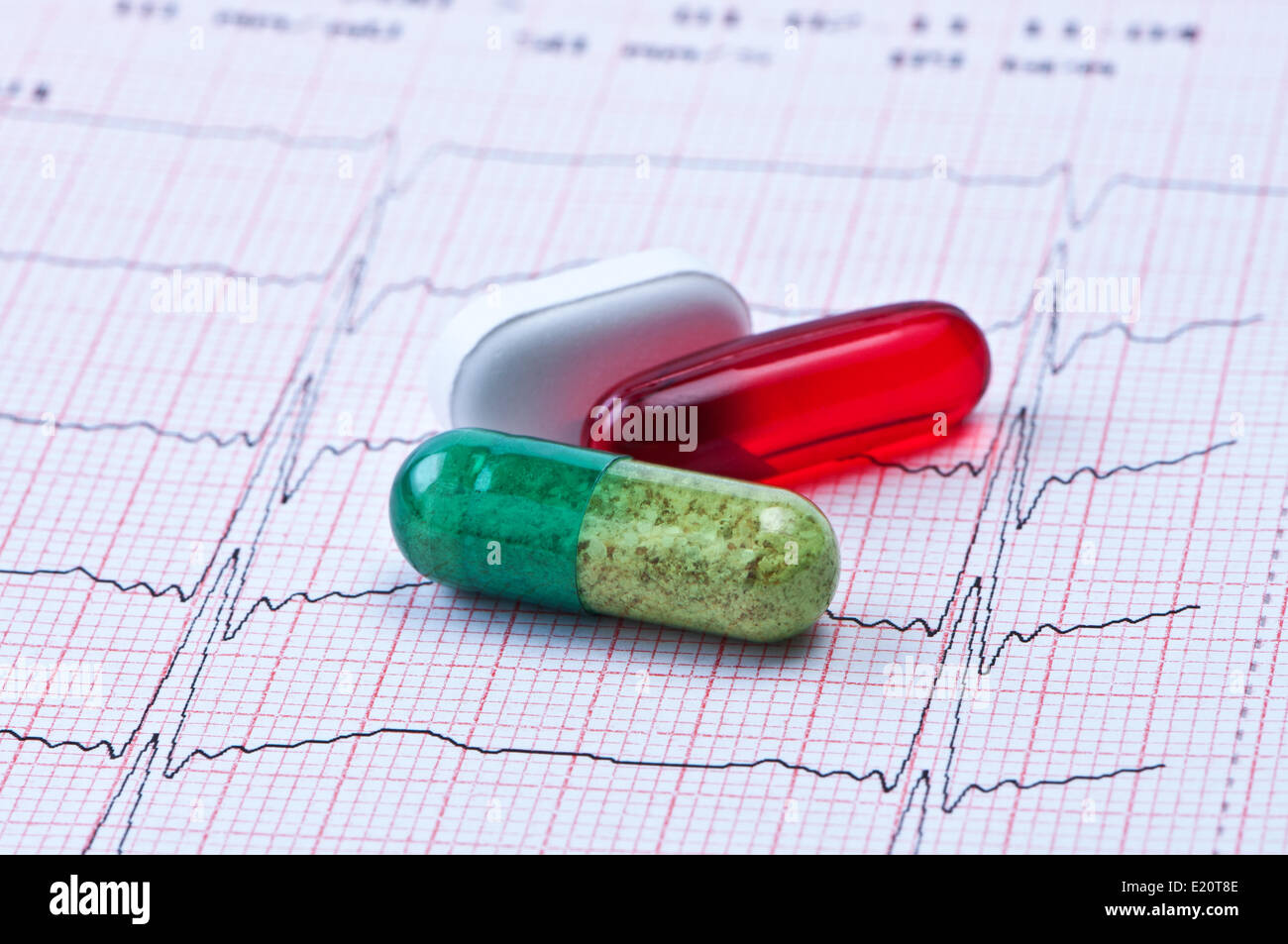 Tablet and capsule on cardiogram. Stock Photo