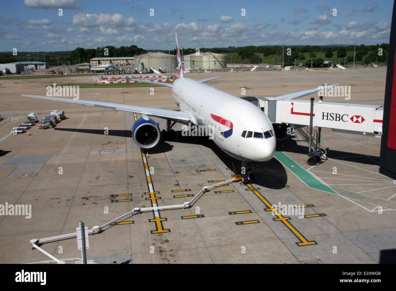 a British Airways Boeing 777 on its stand at London Gatwick Airport
