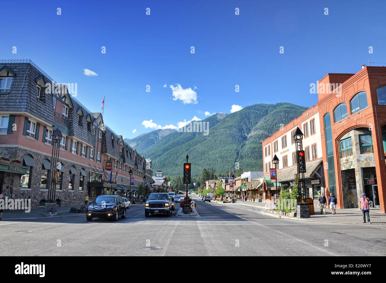 street view of famous Banff Avenue in a sunny summer day in Banff, Alberta Stock Photo