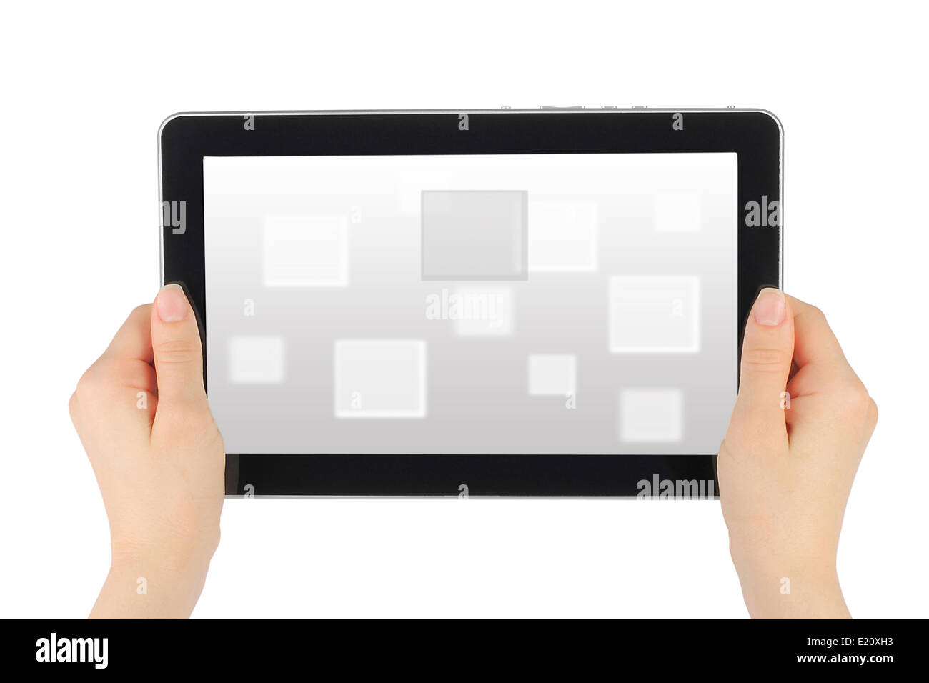Woman hands holding tablet PC with virtual background close-up Stock ...