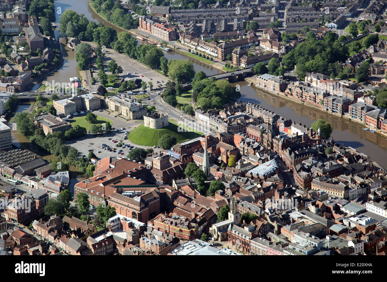 aerial view York City Centre, featuring the famous York Castle museum & Jorvik Centre, Yorkshire UK Stock Photo