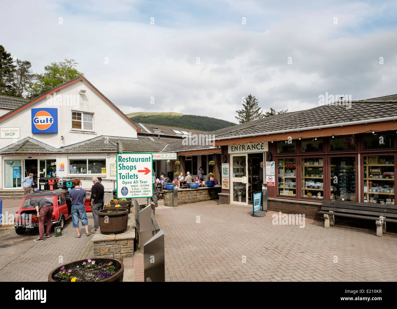 The Green Welly Stop shop, cafe and filling station in tourist village of Tyndrum, Stirlingshire, Scotland, UK, Britain Stock Photo