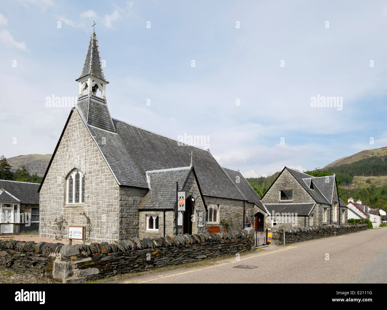 Saint Mary's Episcopal Church in village of Glencoe, Highland, Scotland, UK, Britain, Europe. Stock Photo