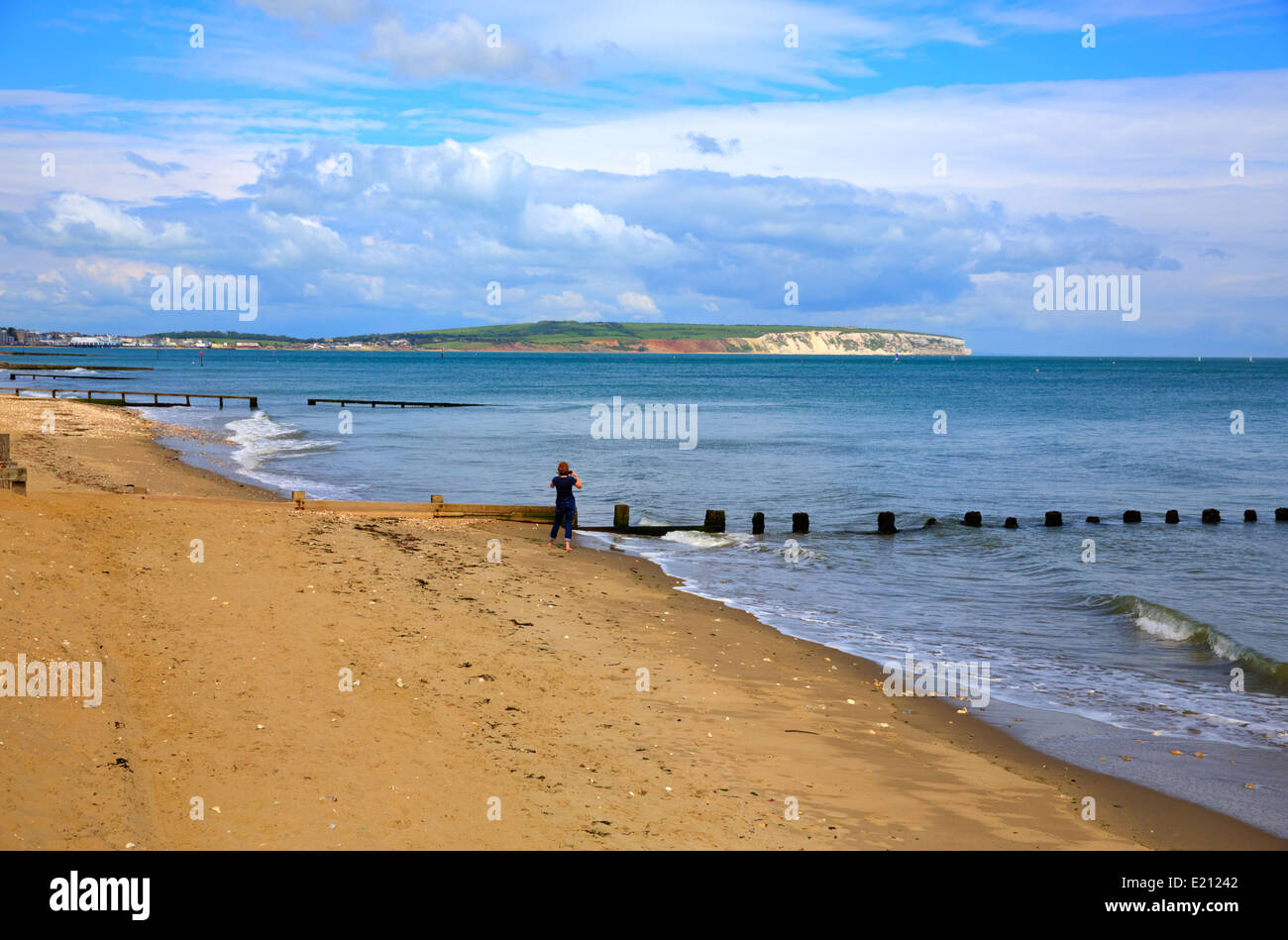 Shanklin beach Isle of Wight with view of Culver Down in this popular