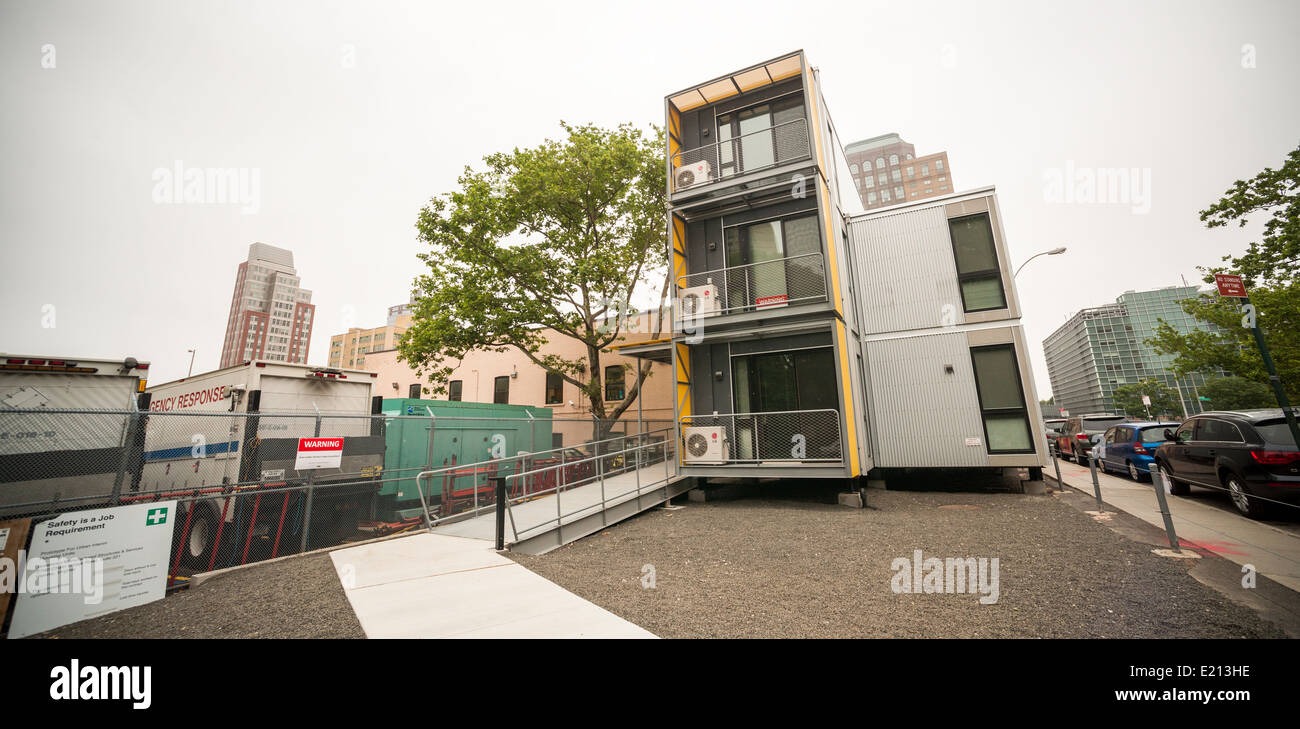 A prototype of temporary emergency housing is erected in Brooklyn in New York by the Office of Emergency Management Stock Photo