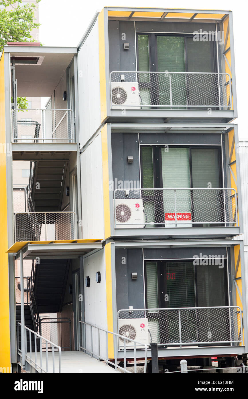 A prototype of temporary emergency housing is erected in Brooklyn in New York by the Office of Emergency Management Stock Photo