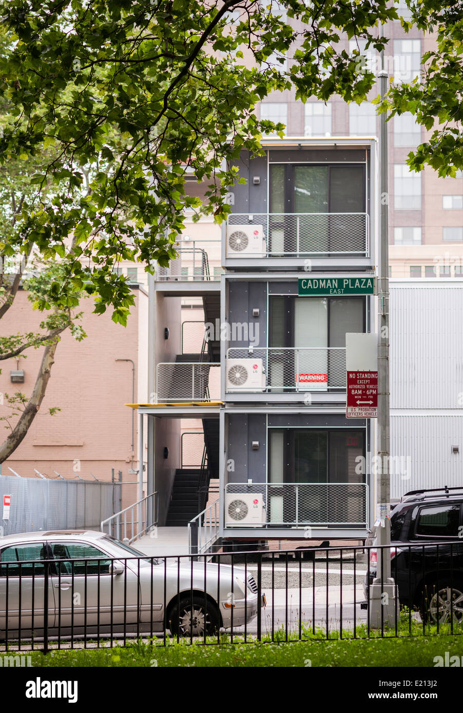 A prototype of temporary emergency housing is erected in Brooklyn in New York by the Office of Emergency Management Stock Photo