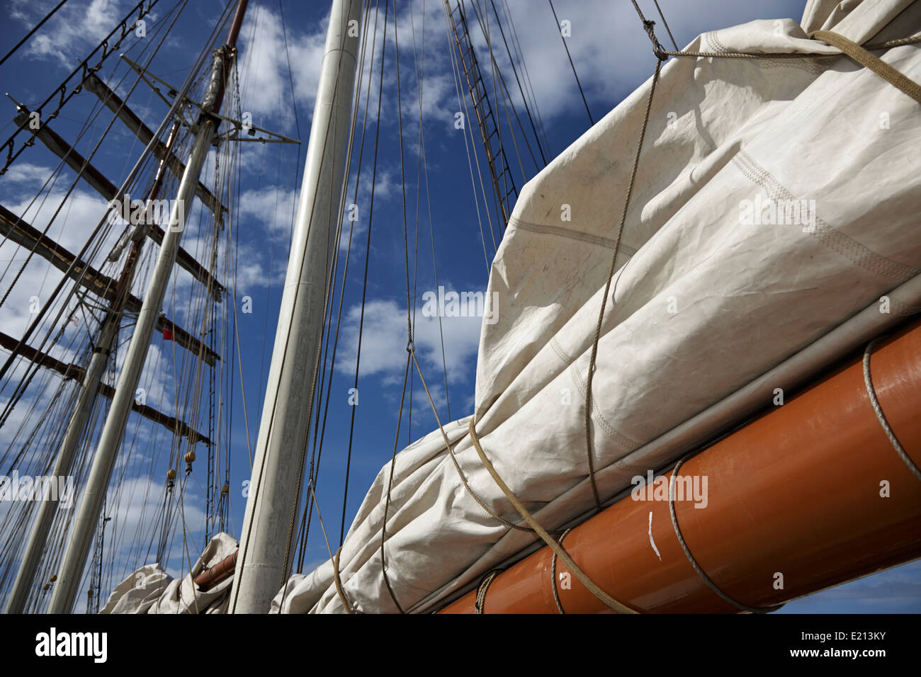 folded sail on a sailing tall ship bangor northern ireland Stock Photo