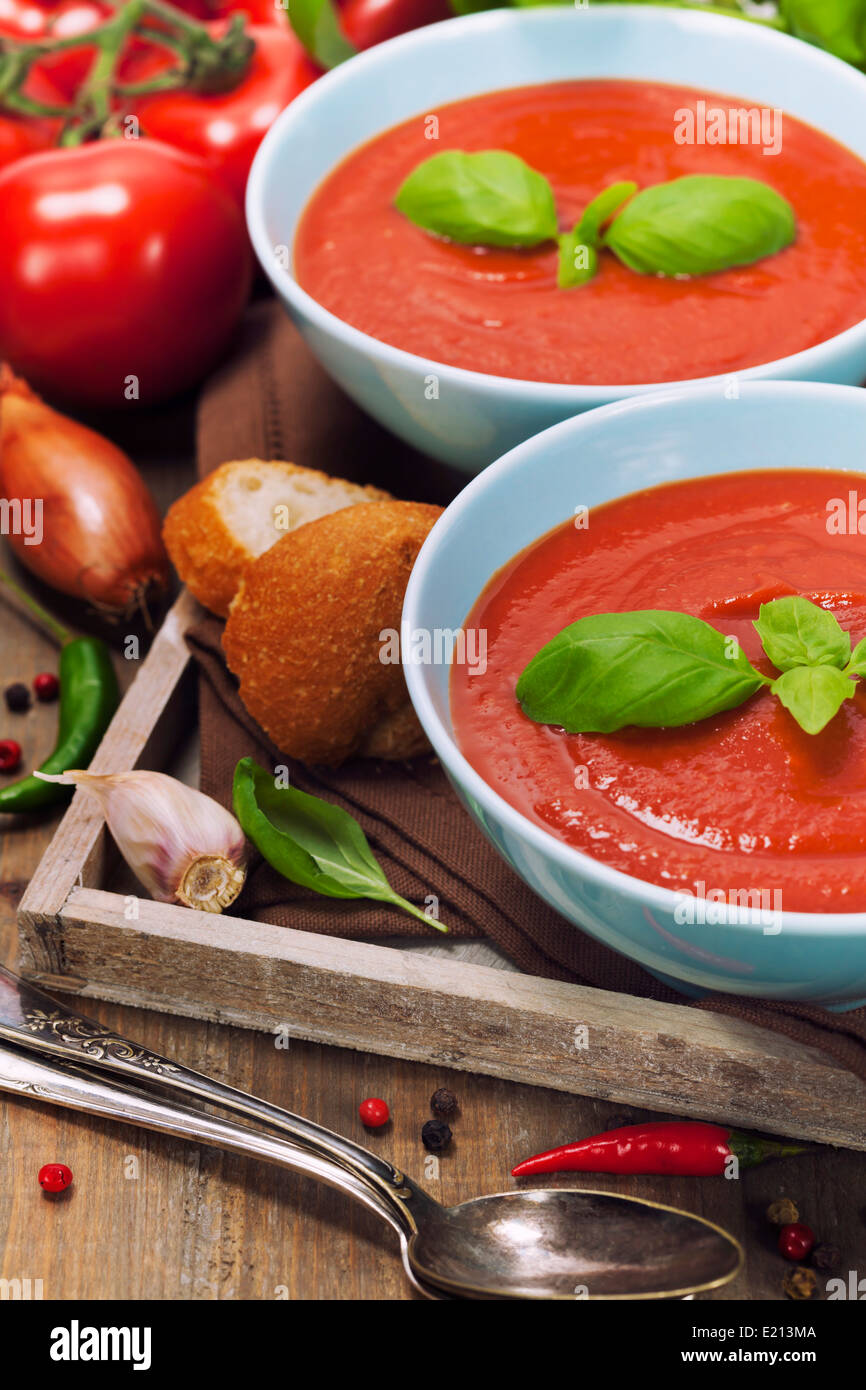 Traditional tomato soup and ingredients Stock Photo