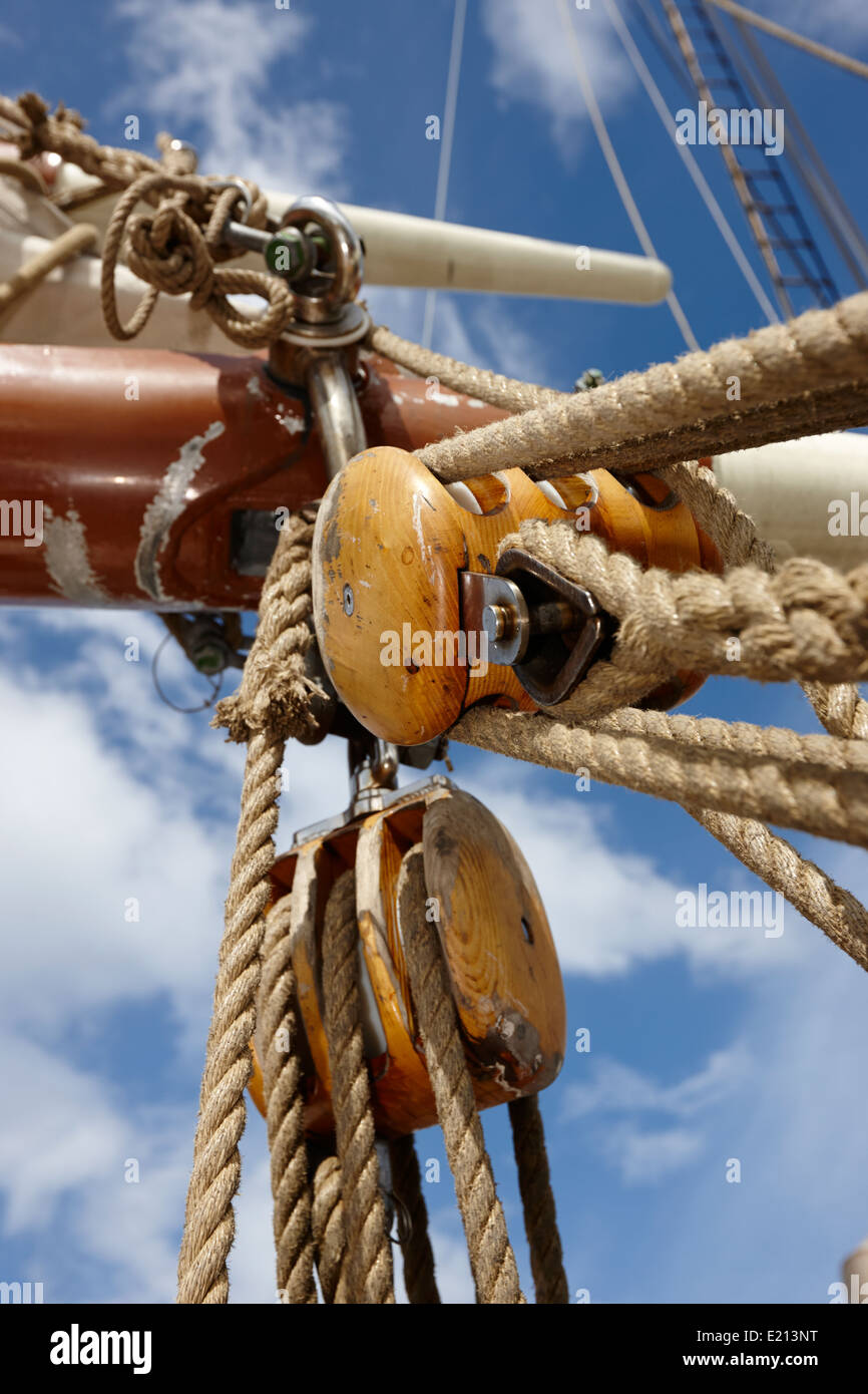 block and tackle ropes on a sailing tall ship bangor northern ireland Stock Photo