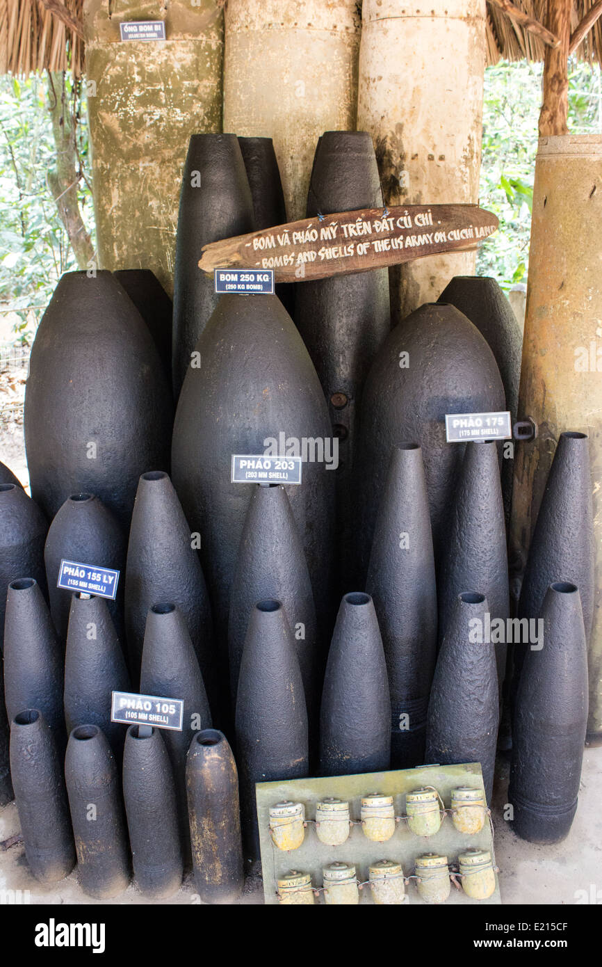 A collection of unexploded bombs on display at the Cu Chi Tunnels in Ho Chi Minh City, Vietnam. Stock Photo