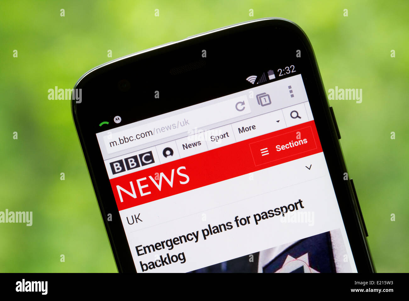 BBC news page website displayed on the screen of a Motorola, Moto G cellphone, mobile phone. Stock Photo
