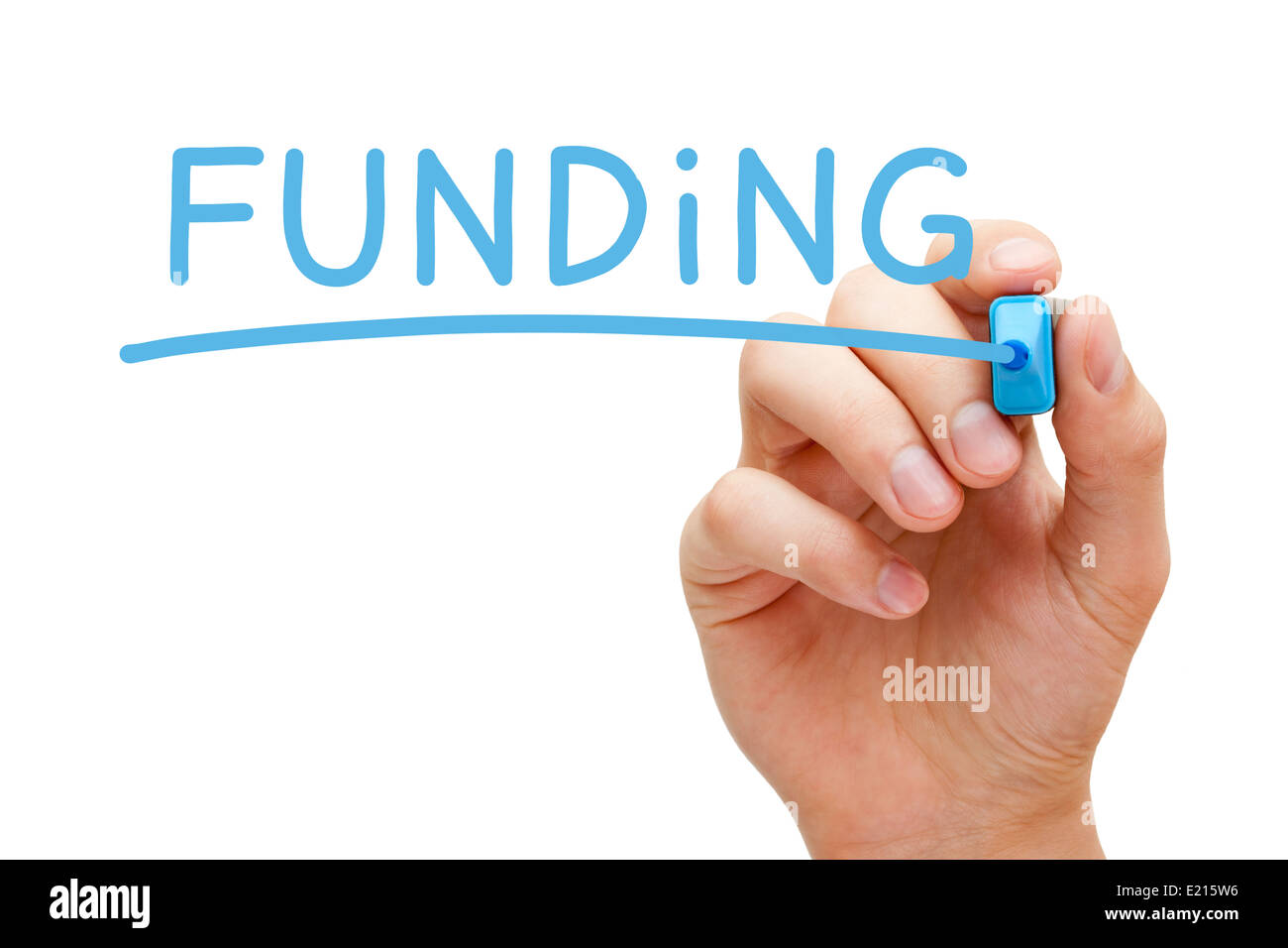 Hand writing Funding with blue marker on transparent wipe board. Stock Photo