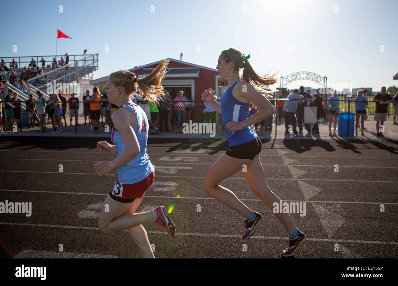 High school athletes compete in a track and field meet in Milwaukee, Wisconsin, USA. Stock Photo