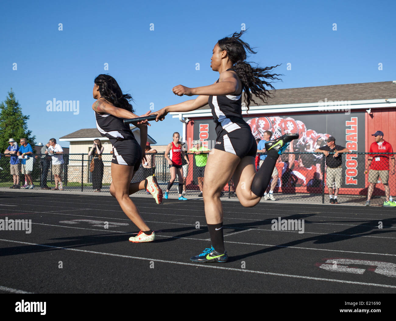 High school athletes compete in a track and field meet in Milwaukee, Wisconsin, USA. Stock Photo