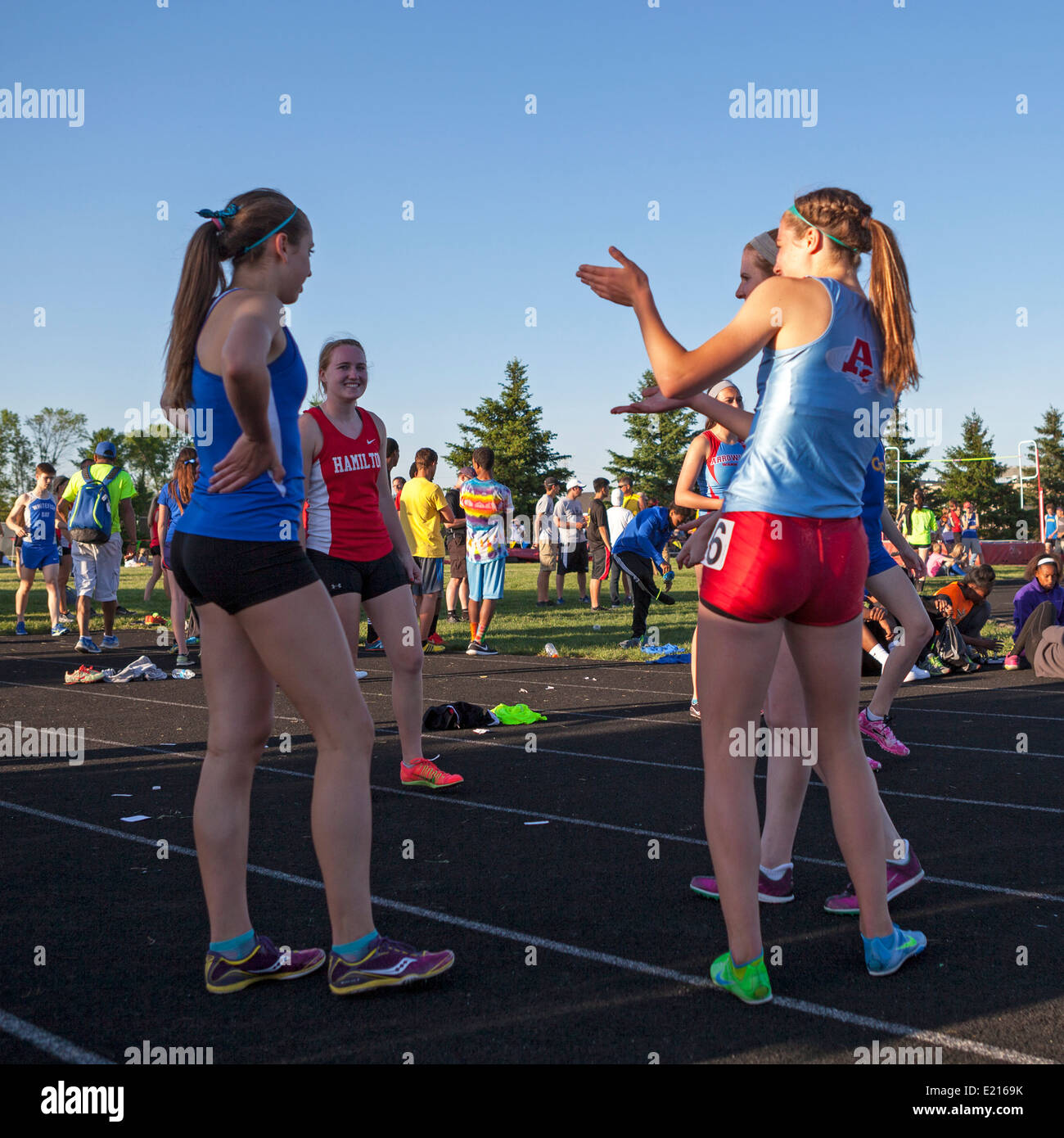 High school athletes compete in a track and field meet in Milwaukee, Wisconsin, USA. Stock Photo