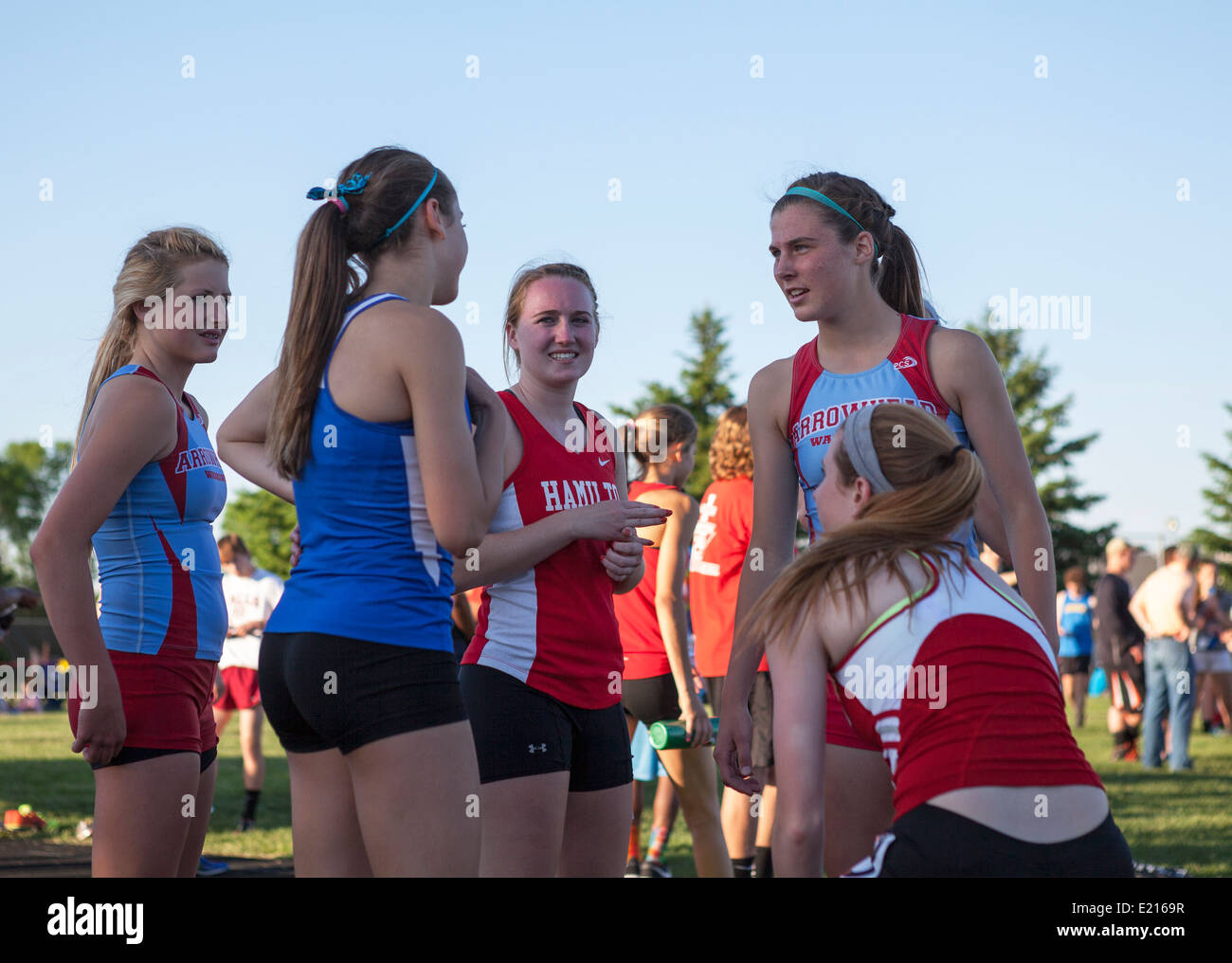 High school athletes compete in a track and field meet in Milwaukee, Wisconsin, USA. Stock Photo