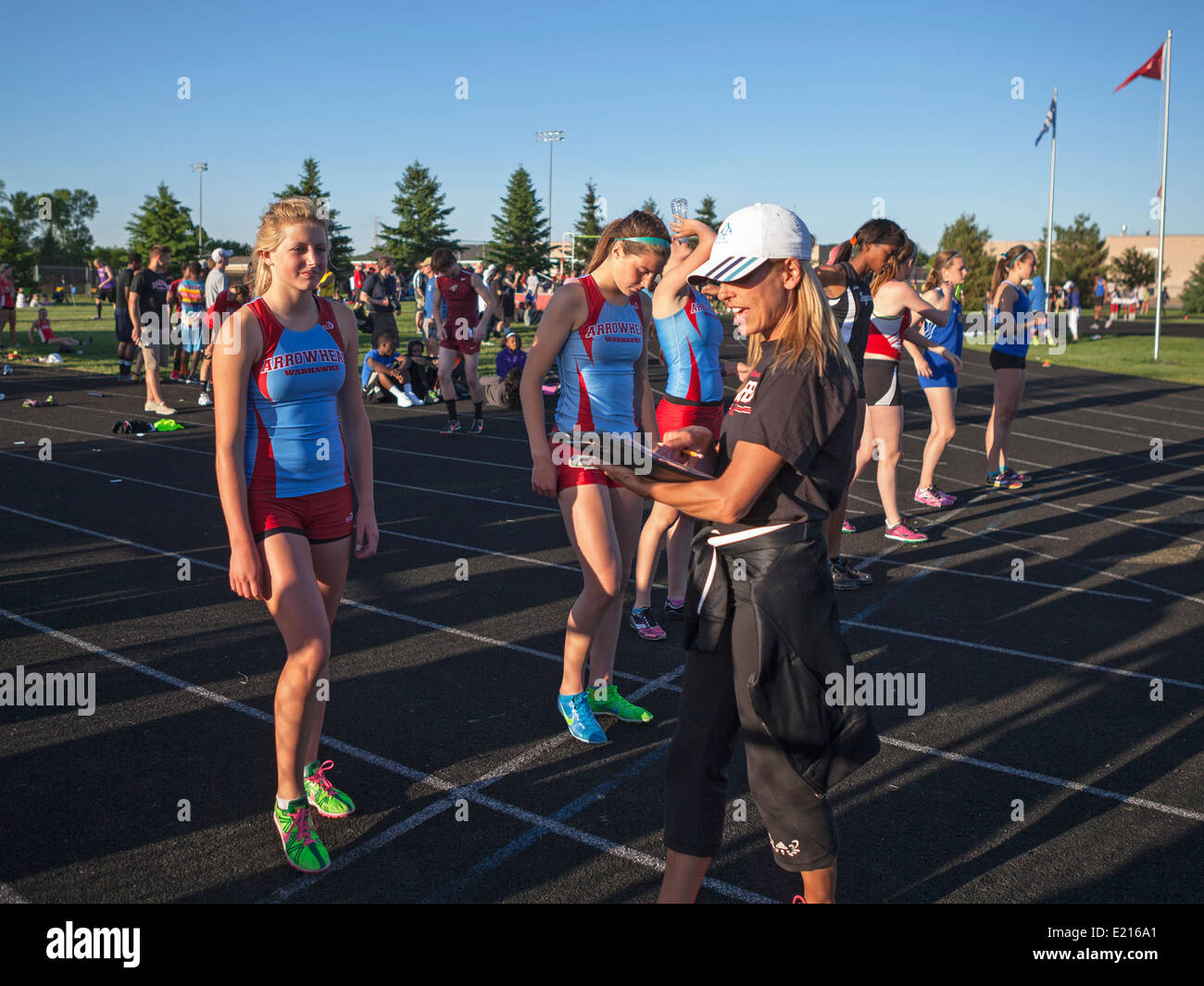 High school athletes compete in a track and field meet in Milwaukee, Wisconsin, USA. Stock Photo