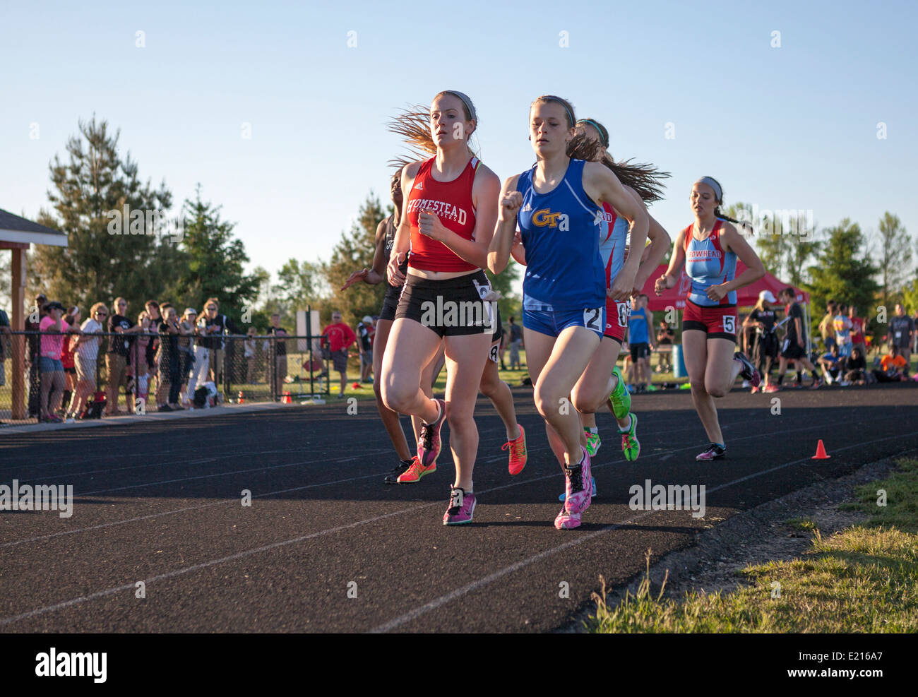 High school athletes compete in a track and field meet in Milwaukee, Wisconsin, USA. Stock Photo