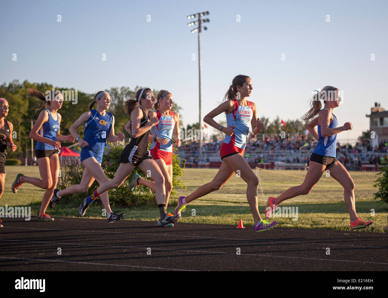 High school athletes compete in a track and field meet in Milwaukee, Wisconsin, USA. Stock Photo