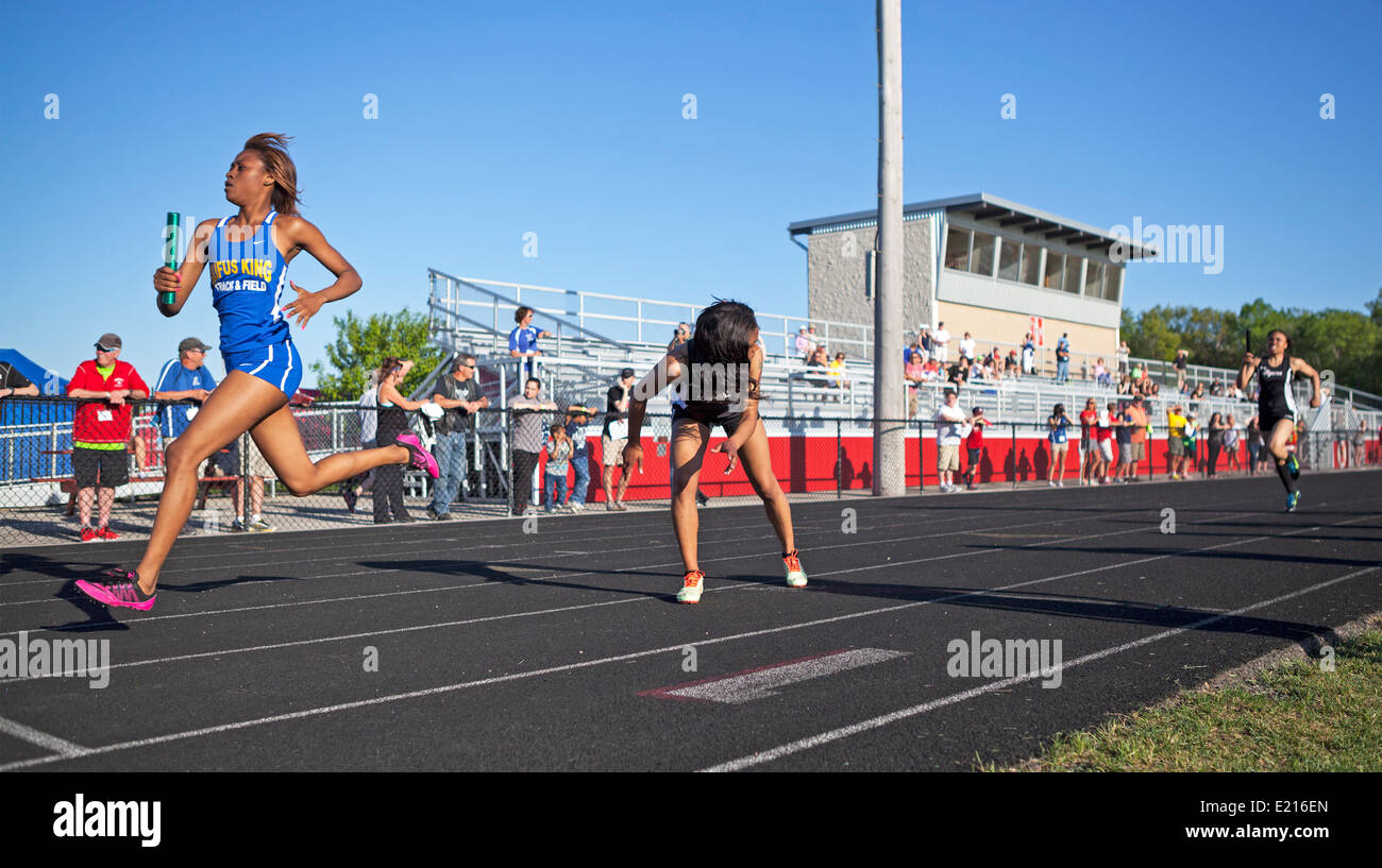 High school athletes compete in a track and field meet in Milwaukee, Wisconsin, USA. Stock Photo