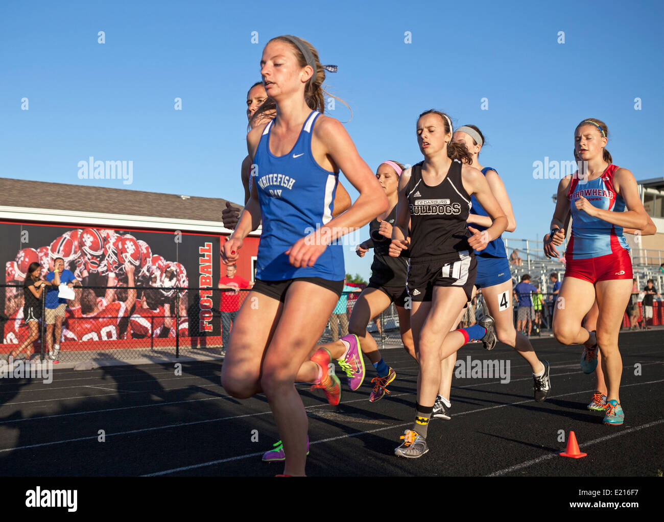 High school athletes compete in a track and field meet in Milwaukee, Wisconsin, USA. Stock Photo