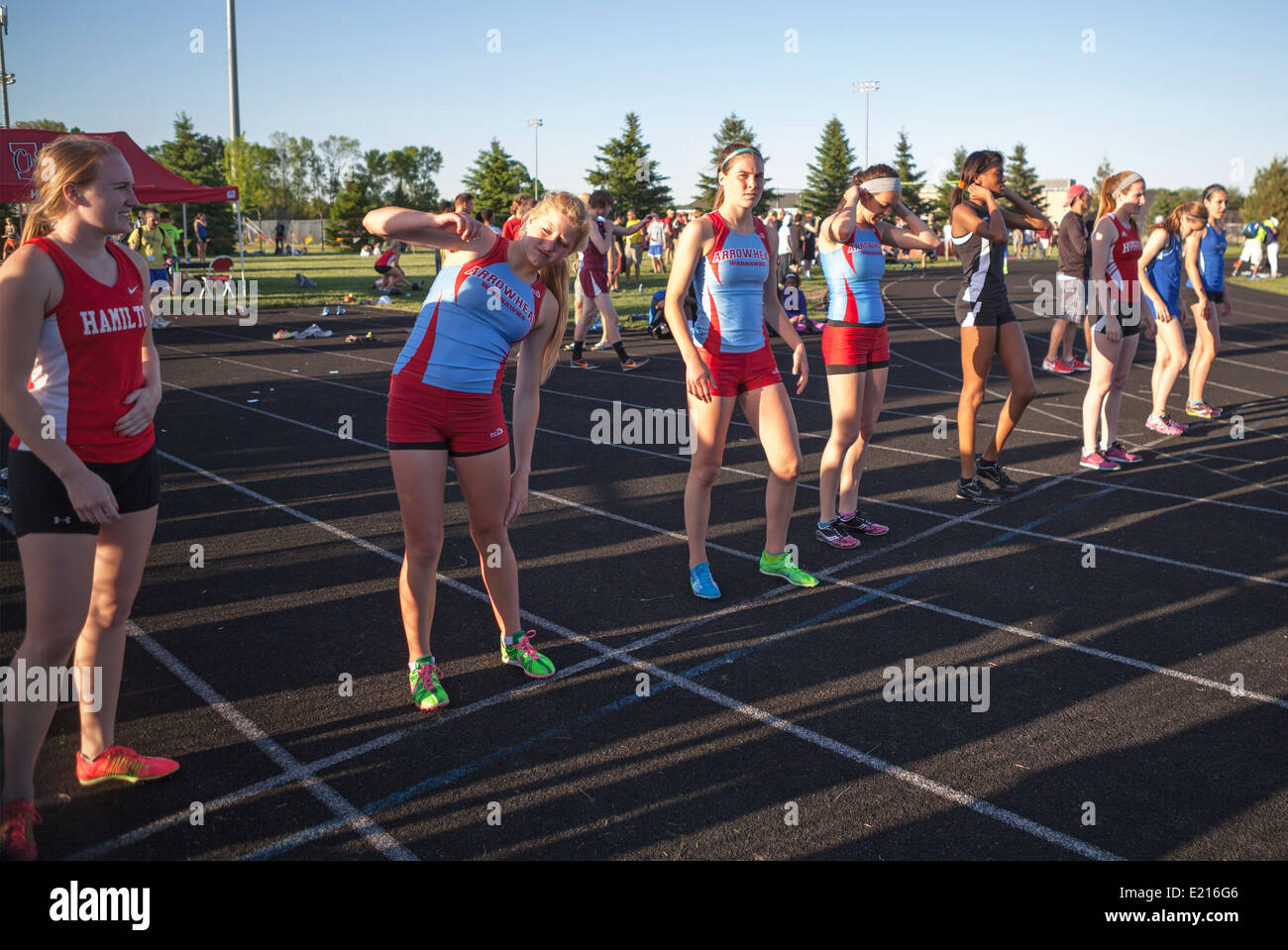 High school athletes compete in a track and field meet in Milwaukee, Wisconsin, USA. Stock Photo