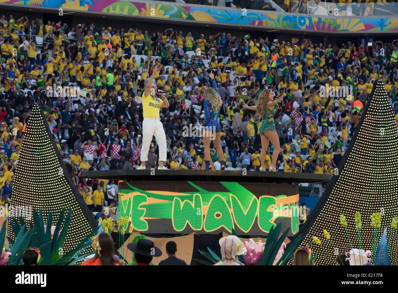 Sao Paulo, Brazil. 12th June, 2014. World Cup finals 2014. Opening ceremony, Brazil versus Croatia. Pitbull, Claudia Leitte and Jennifer Lopez singing during opening ceremony Credit:  Action Plus Sports/Alamy Live News Stock Photo