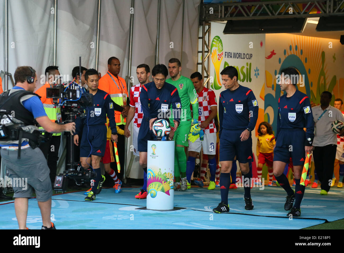 Arena de Sao Paulo, Sao Paulo, Brazil. 12th June, 2014. (L to R) Toru Sagara, Yuichi Nishimura (Referee), Hassan Kamranifar, Toshiyuki Nagi, JUNE 12, 2014 - Football /Soccer : 2014 FIFA World Cup Brazil Group Match -Group A- between Brazil 3-1 Croatia at Arena de Sao Paulo, Sao Paulo, Brazil. Credit:  YUTAKA/AFLO SPORT/Alamy Live News Stock Photo