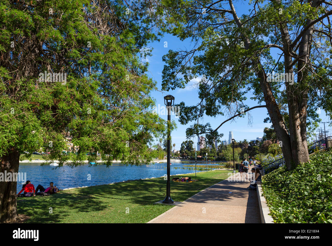 Echo Park with the downtown city skyline in the distance, Los Angeles, California, USA Stock Photo