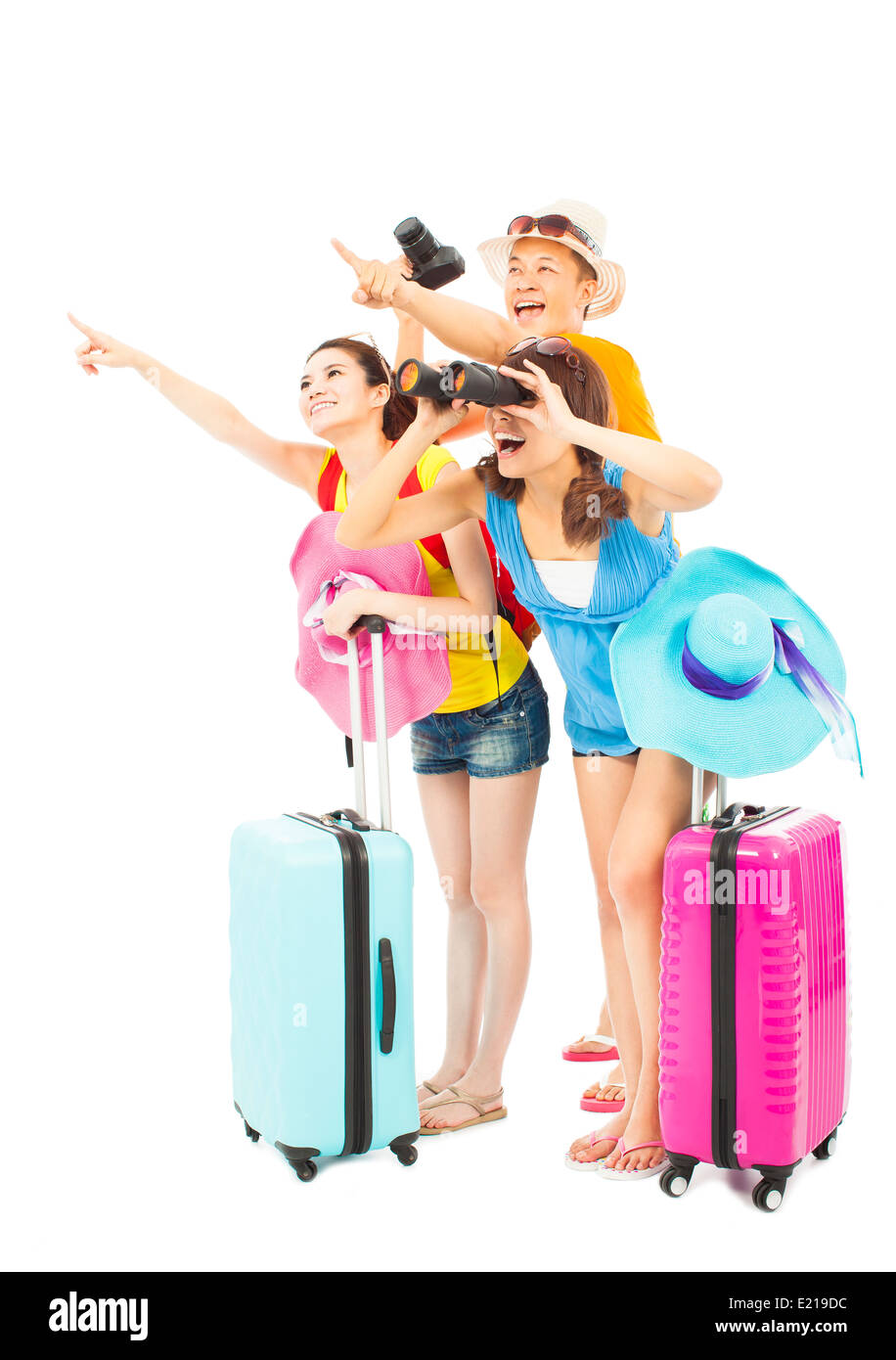 Young Backpackers happily young backpackers raise hands to point the direction Stock ...
