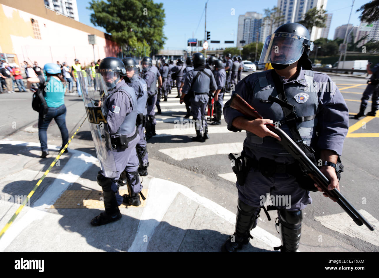 Sao Paulo, Brazil. 12th June, 2014. Riot police stand on guard during ...