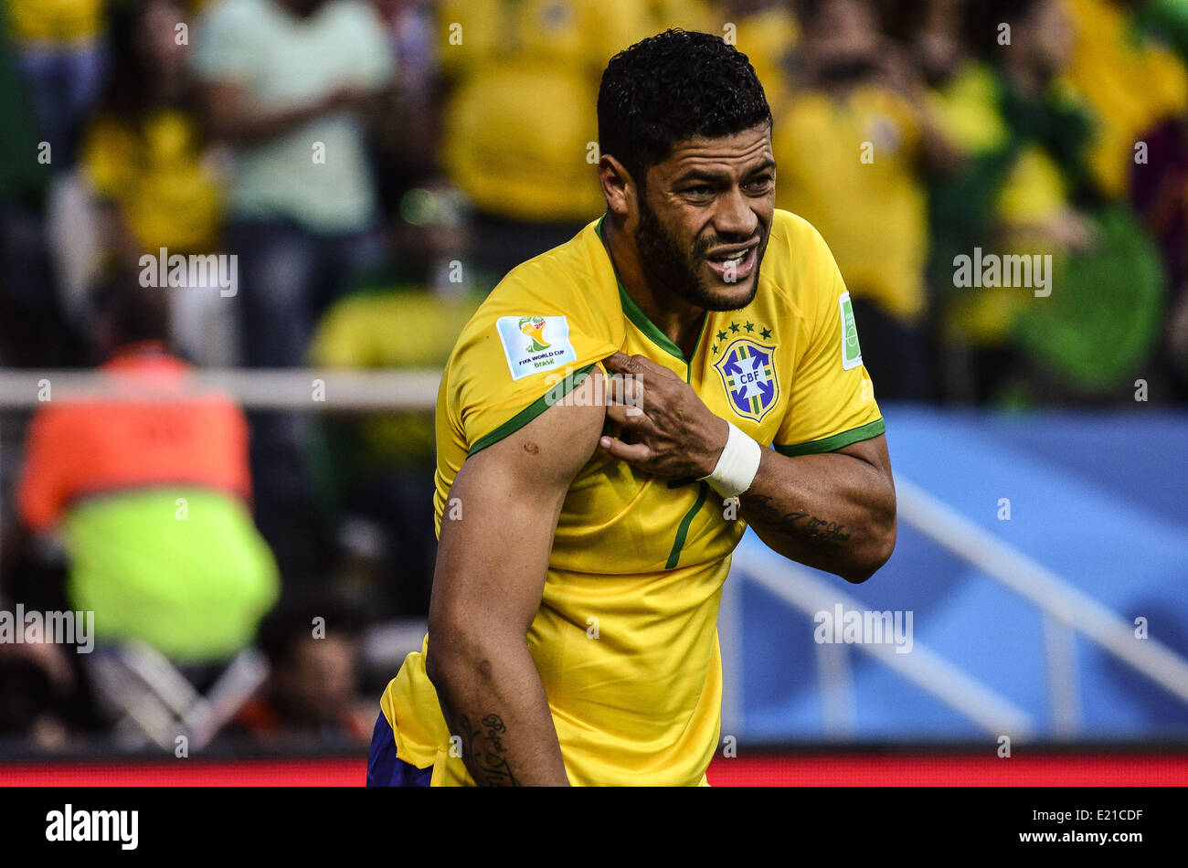 Sao Paulo, Brazil. 12th June, 2014. Hulk complains of pain after a foul. General scenes of Brasil x Croatia in the first match of the World Cup, in Sao Paulo, Brasil Credit:  Gustavo Basso/NurPhoto/ZUMAPRESS.com/Alamy Live News Stock Photo