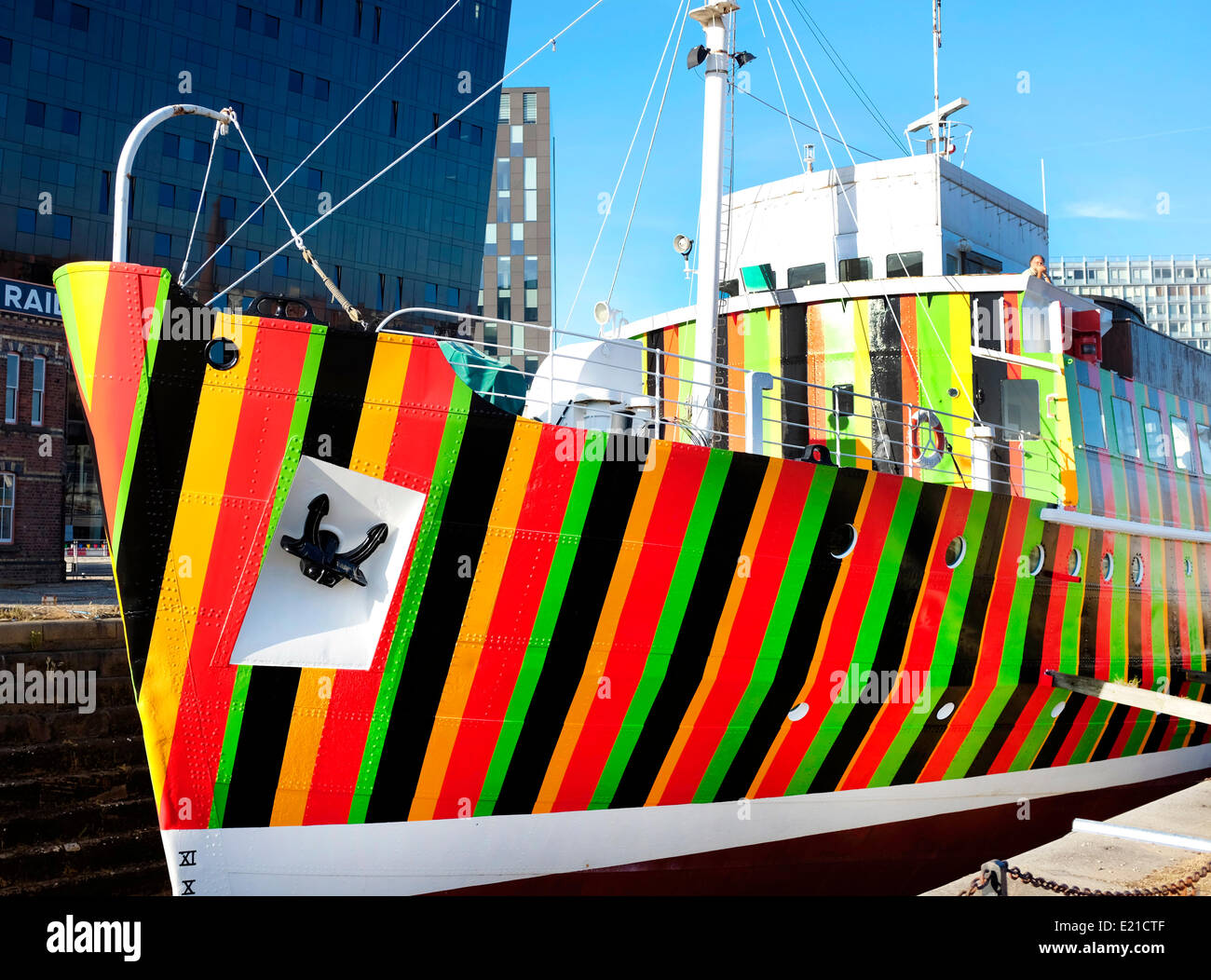 Liverpool UK 12th June 2014. Liverpool Biennial 2014 artist Carlos Cruz-Diez has created Dazzle Ship; painting the ship named Edmund Gardner in bright colours Credit:  GeoPic / Alamy Live News Stock Photo