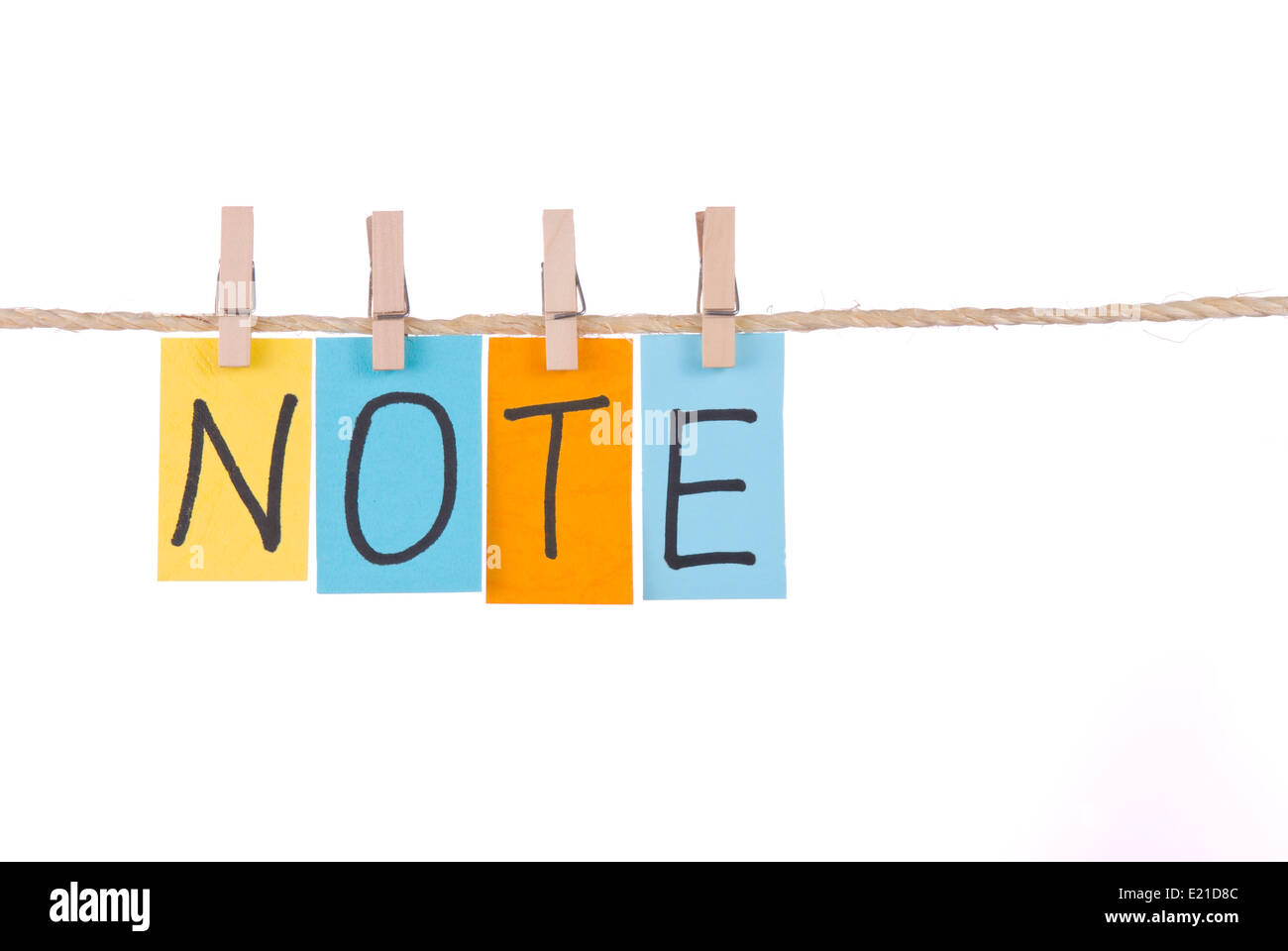 Note, Colorful words hang on rope Stock Photo - Alamy