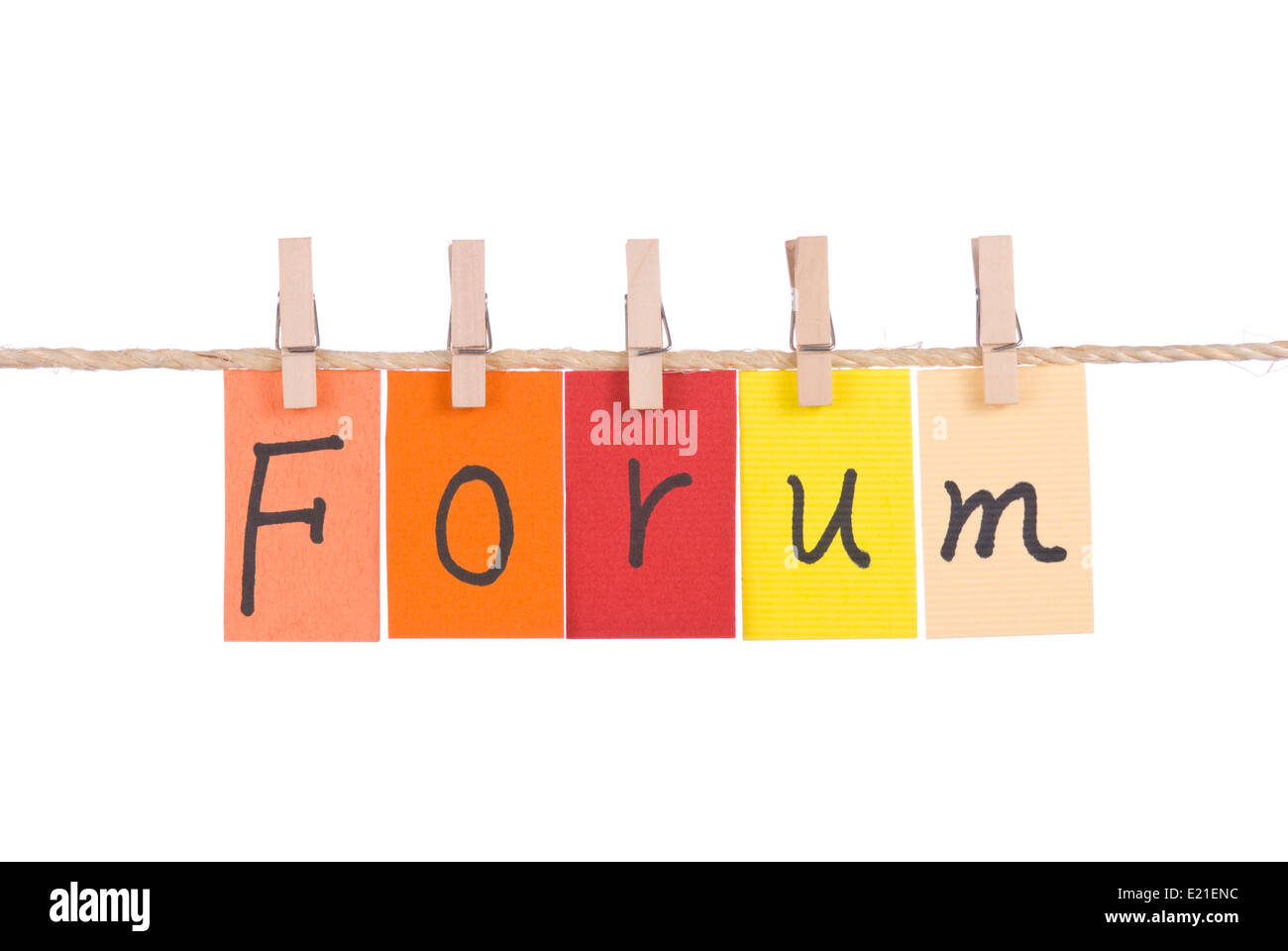 Forum, Colorful words hang on rope Stock Photo Alamy