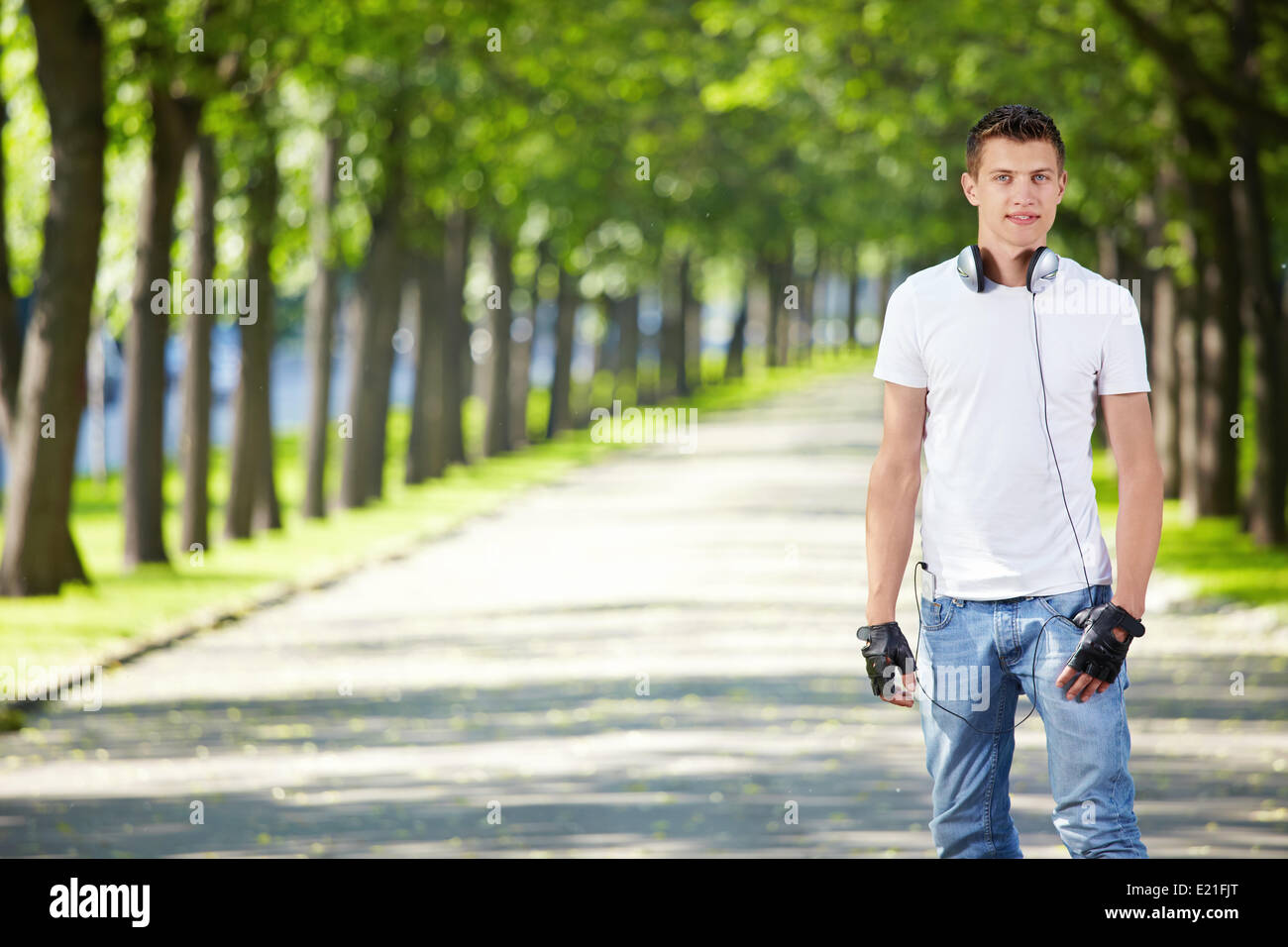 The music fan in park Stock Photo