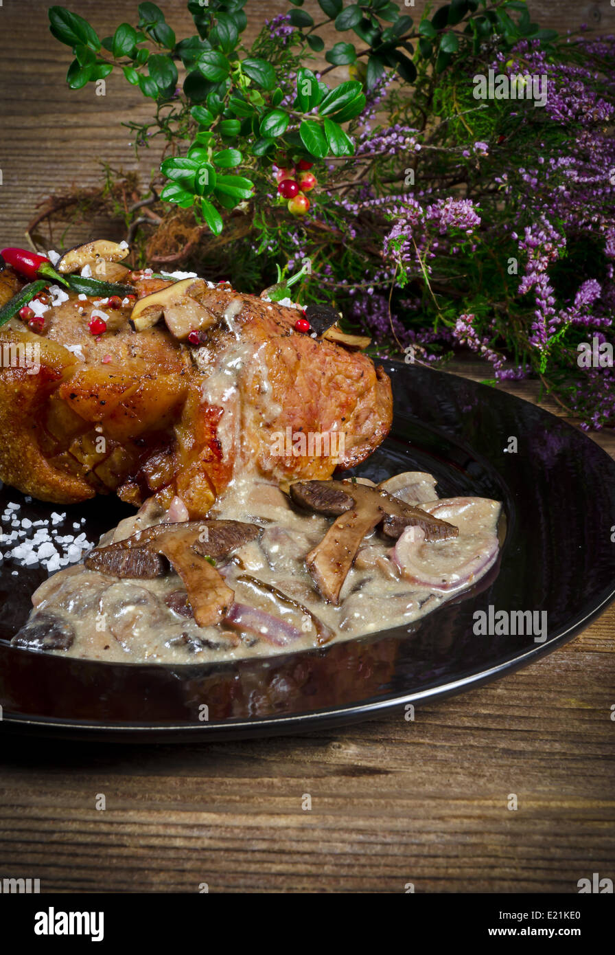 roast with mushroom sauce Stock Photo Alamy
