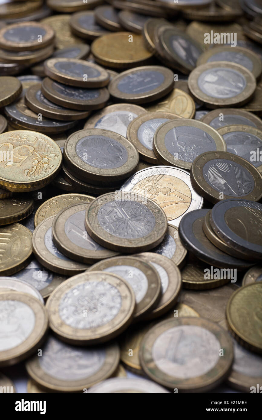 Many Euro coins - Closeup - Portrait Stock Photo