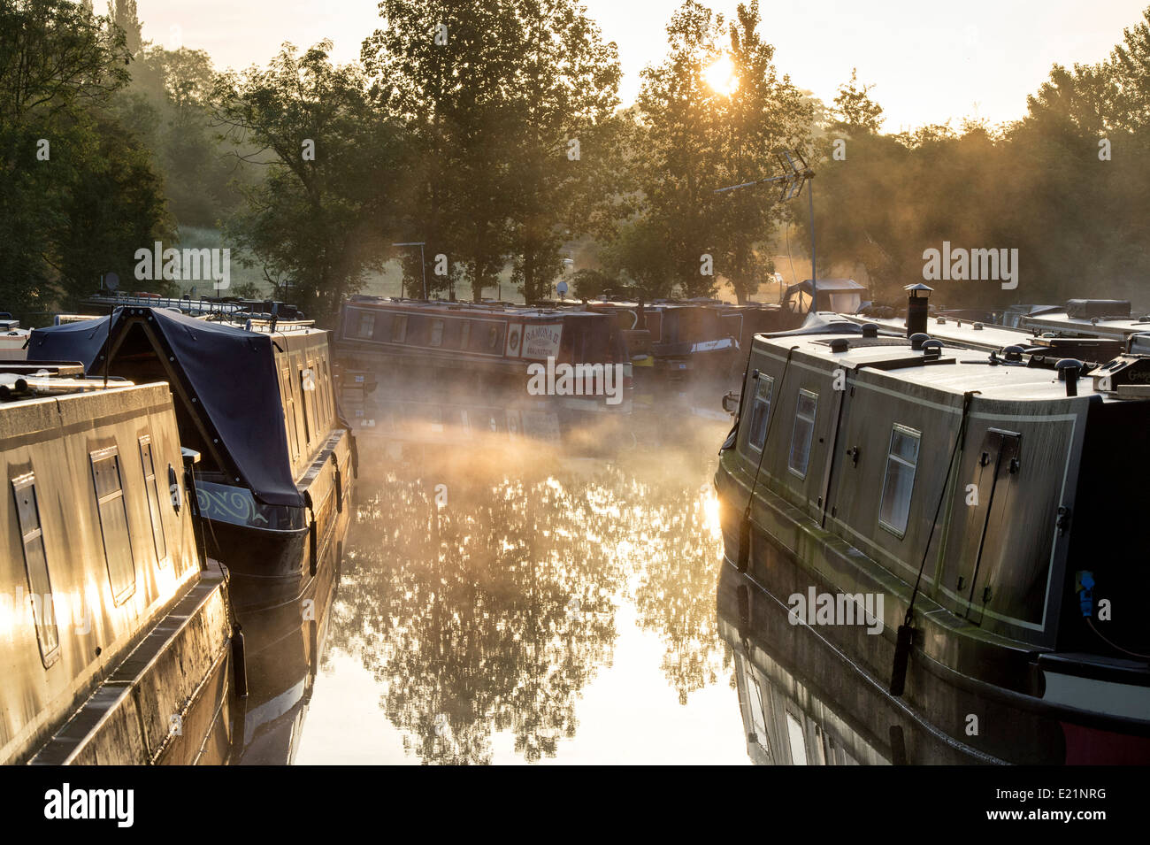Narrowboats at Braunston Marina on the Grand Union canal at sunrise. Braunston, Northamptonshire, England Stock Photo