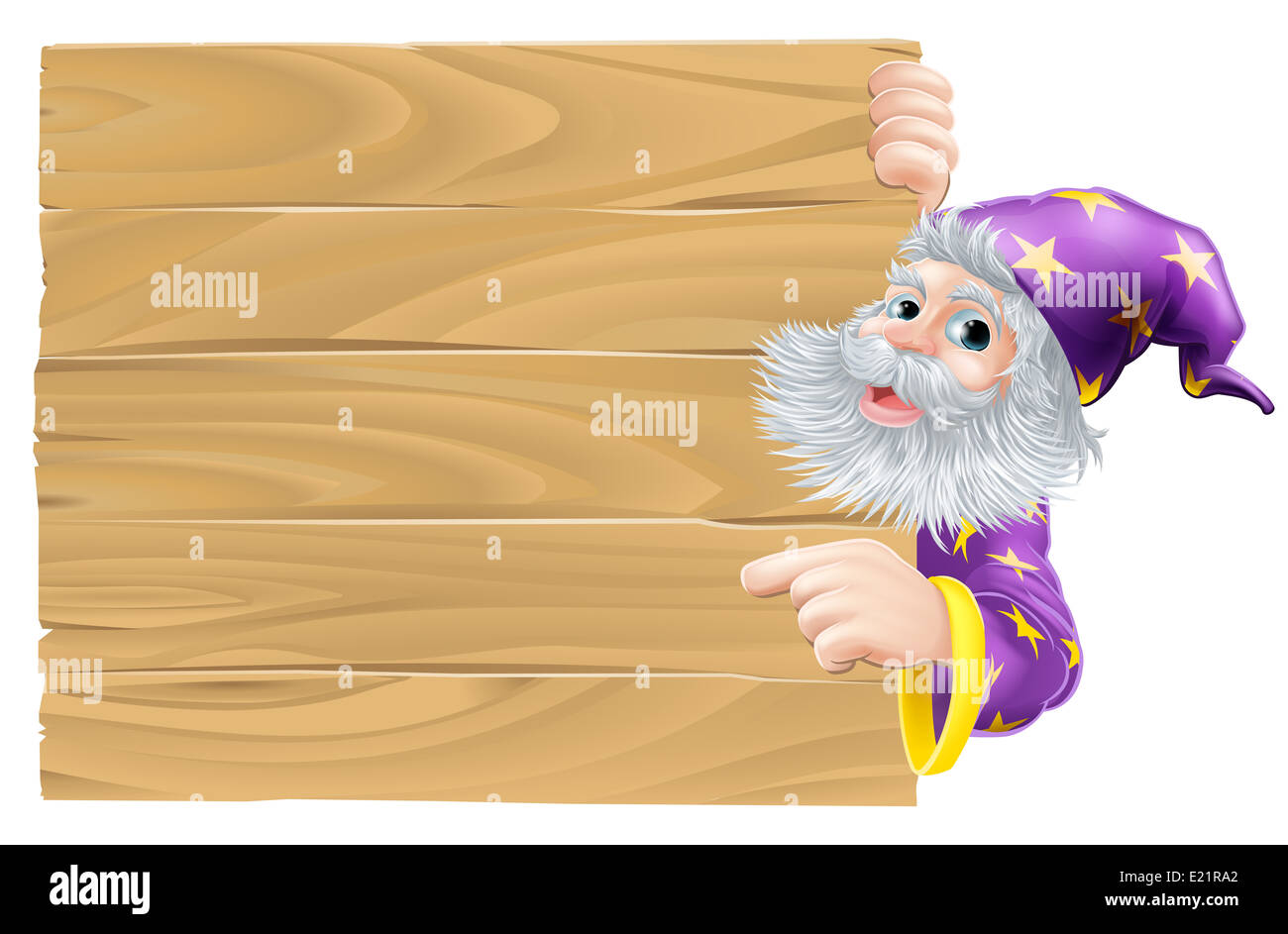 Cartoon wizard pointing sign, a kindly wizard in purple robes with stars pointing at a sign Stock Photo