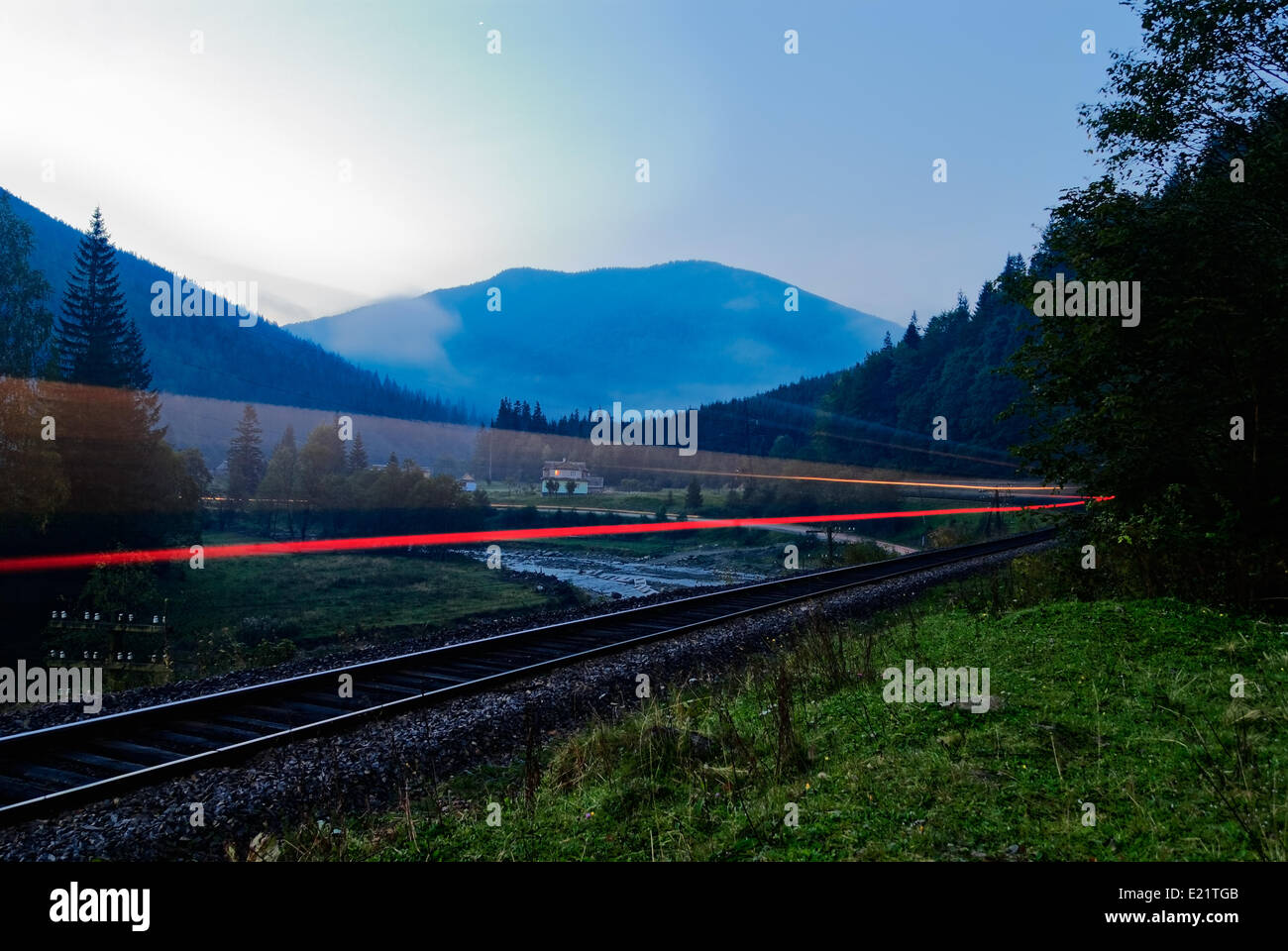 Freezelight over rails. high-speed train Stock Photo