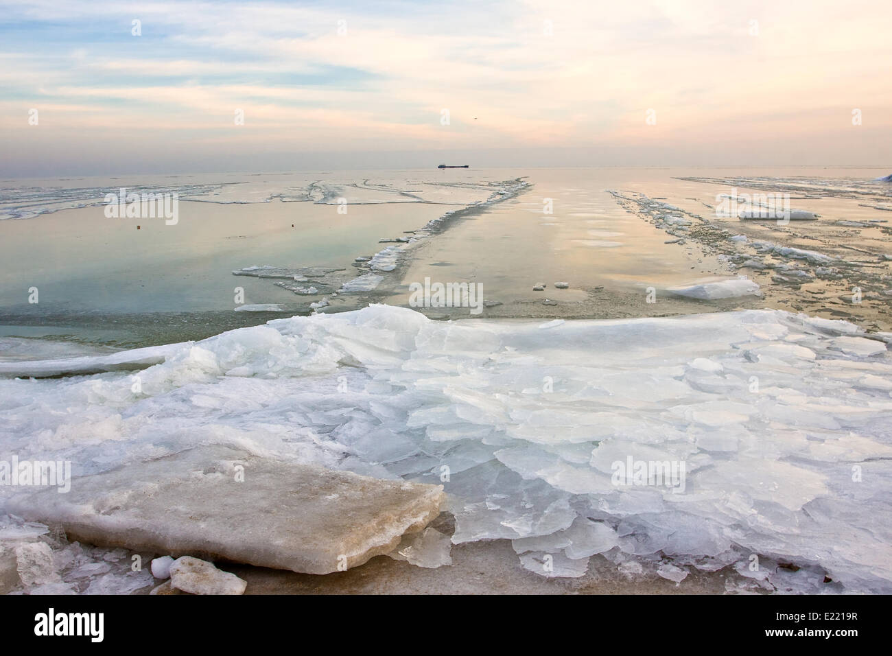 Crashed blocks of ice at winter sea shore Stock Photo