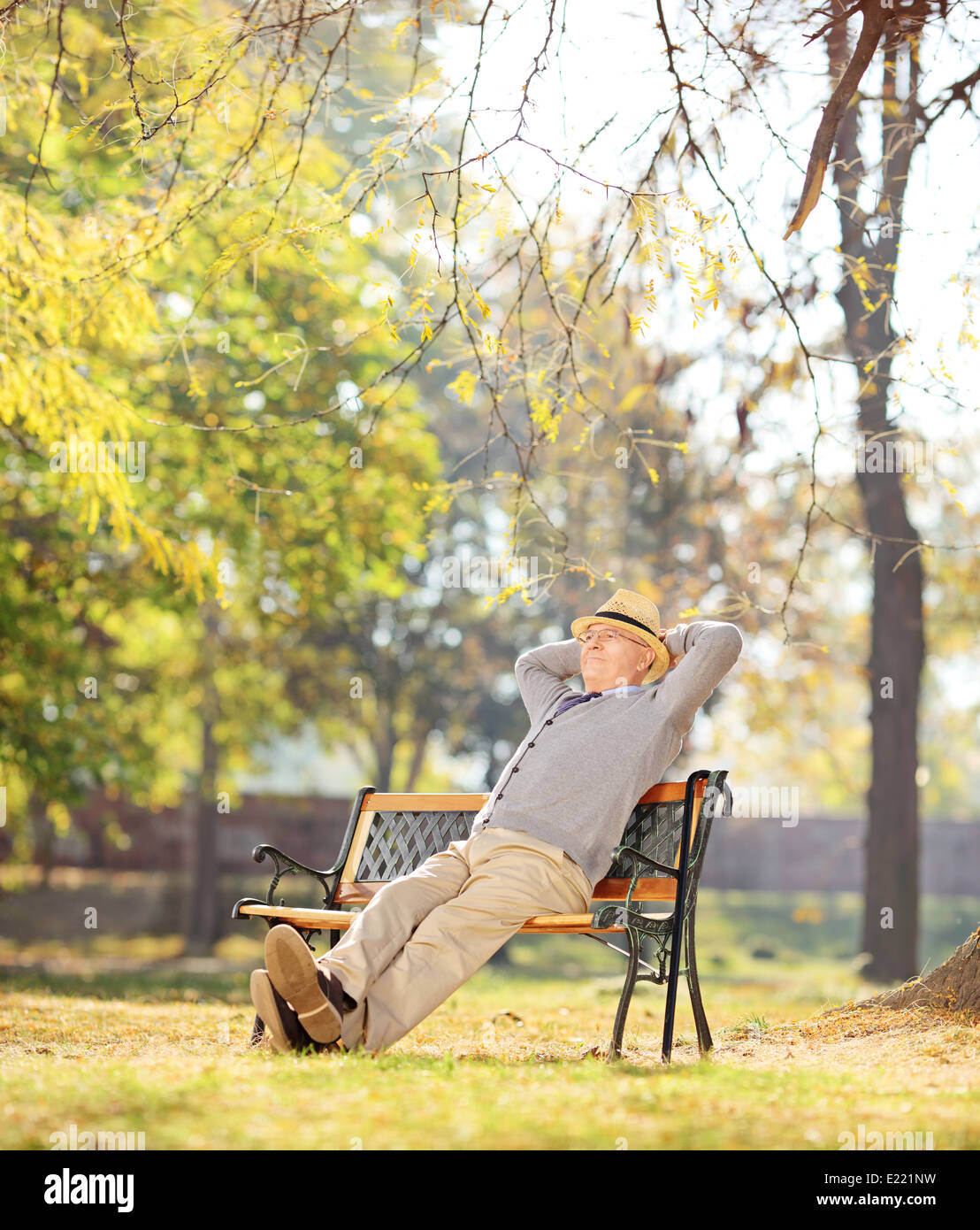 Relaxed pensioner sitting on a bench in park Stock Photo